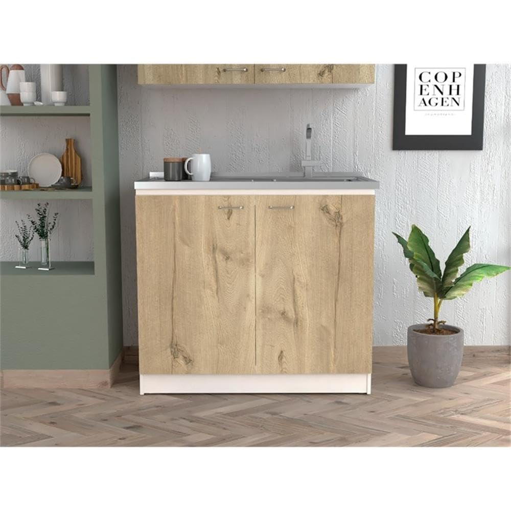 TUHOME Napoles Utility Sink  Two Shelves  Two-Door Cabinet  Countertop- White/Light Oak  For Kitchen Room