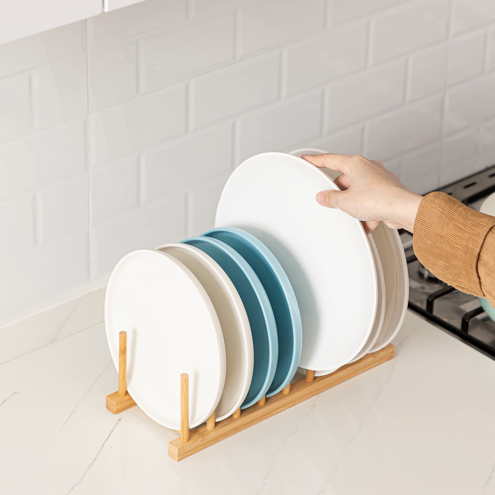 Hblife 2Pcs Bamboo Dish Plate Bowl Cup Book Pot Lid Cutting Board Drying Rack Stand Drainer Storage Holder Organizer Kitchen Cab
