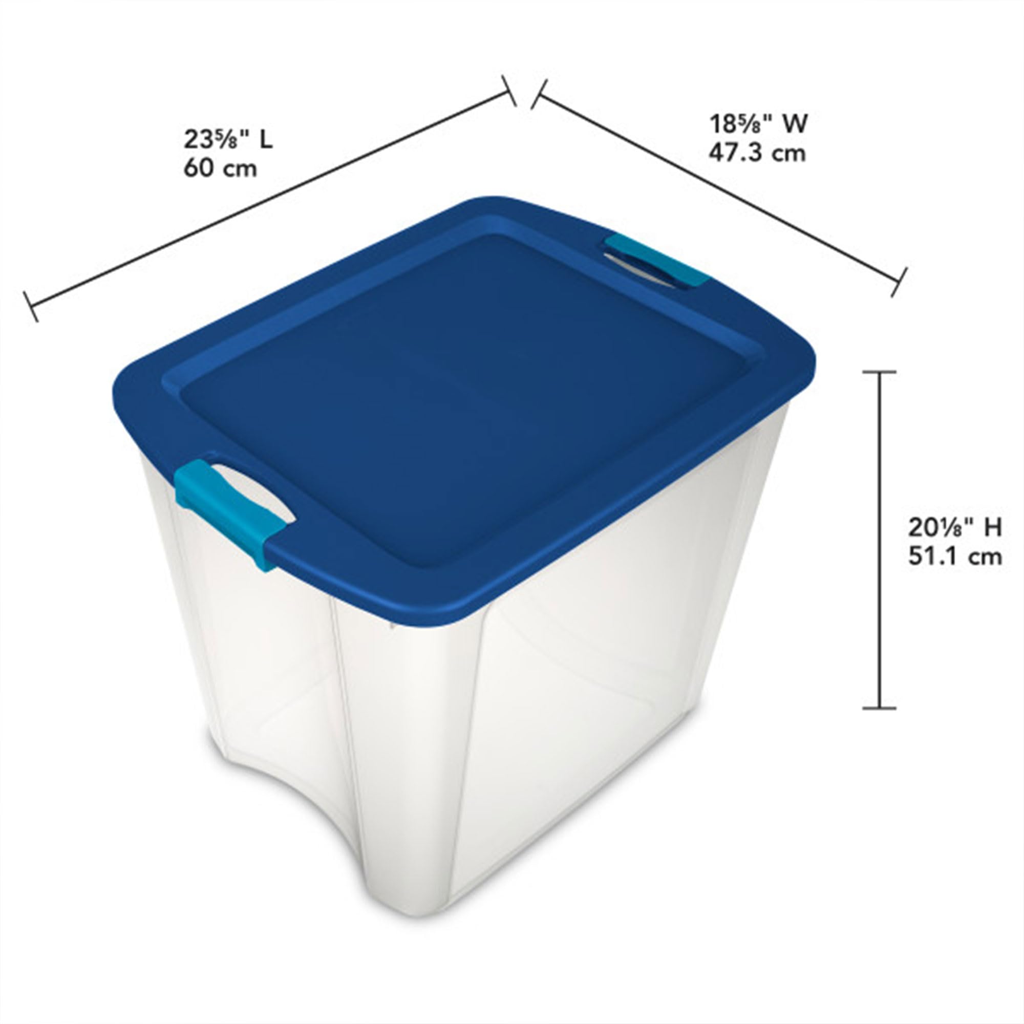 Sterilite 26 Gal Latch And Carry, Stackable Storage Bin With Latching Lid, Plastic Container To Organize Closets, Clear With Blu