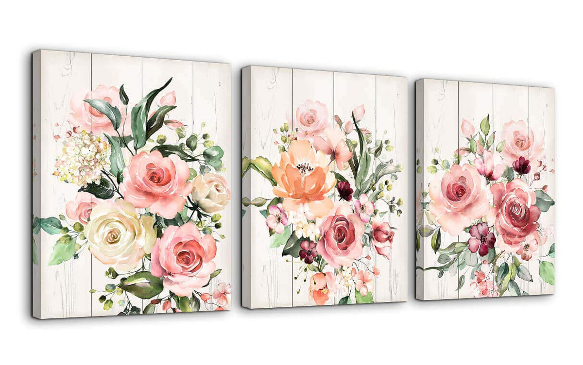 Pink Flower Home Decor Bathroom Wall Art Canvas Framed Wall Art For Girls Bedroom Bathroom Pictures Wood Grain Kitchen Modern Wa