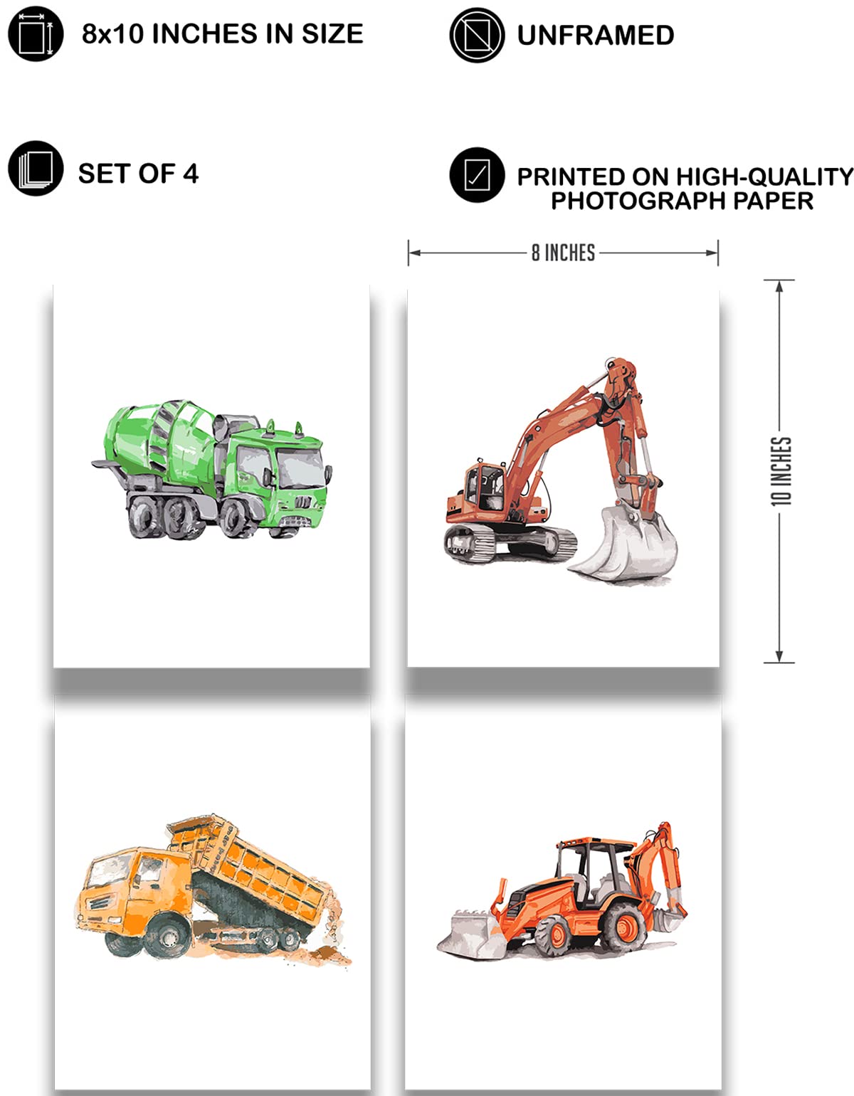 Govivo Boy'S Construction Vehicles Wall Art - Set Of 4 (8X10) Unframed Prints - Modern Nursery Room Decor For Boys - Toy Room An