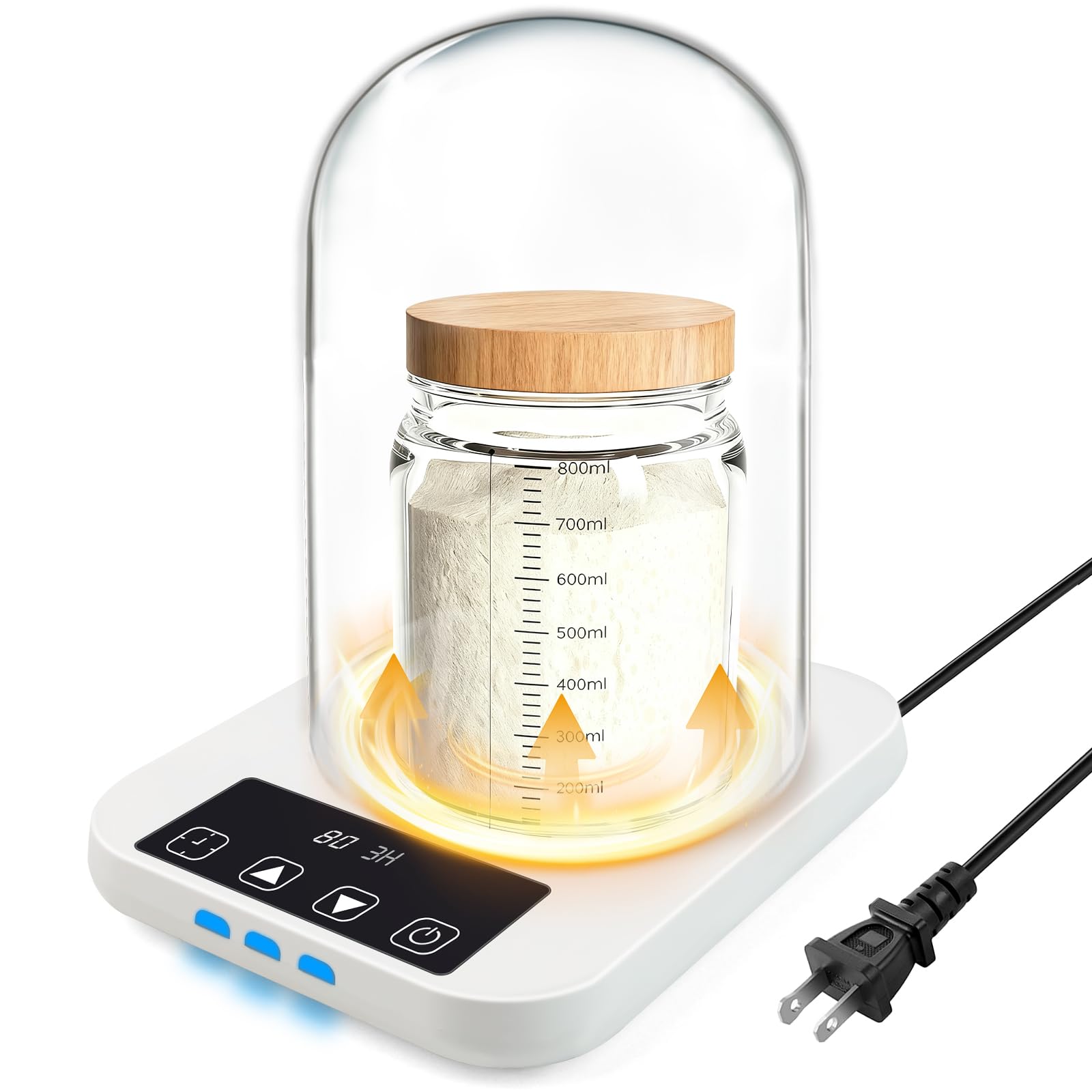 Sourdough Starter Warmer with Glass Dome, 1F Precise Temperature Control from 70 to 100F, 0-12H Timer Auto Warming ON/Off, Sour 