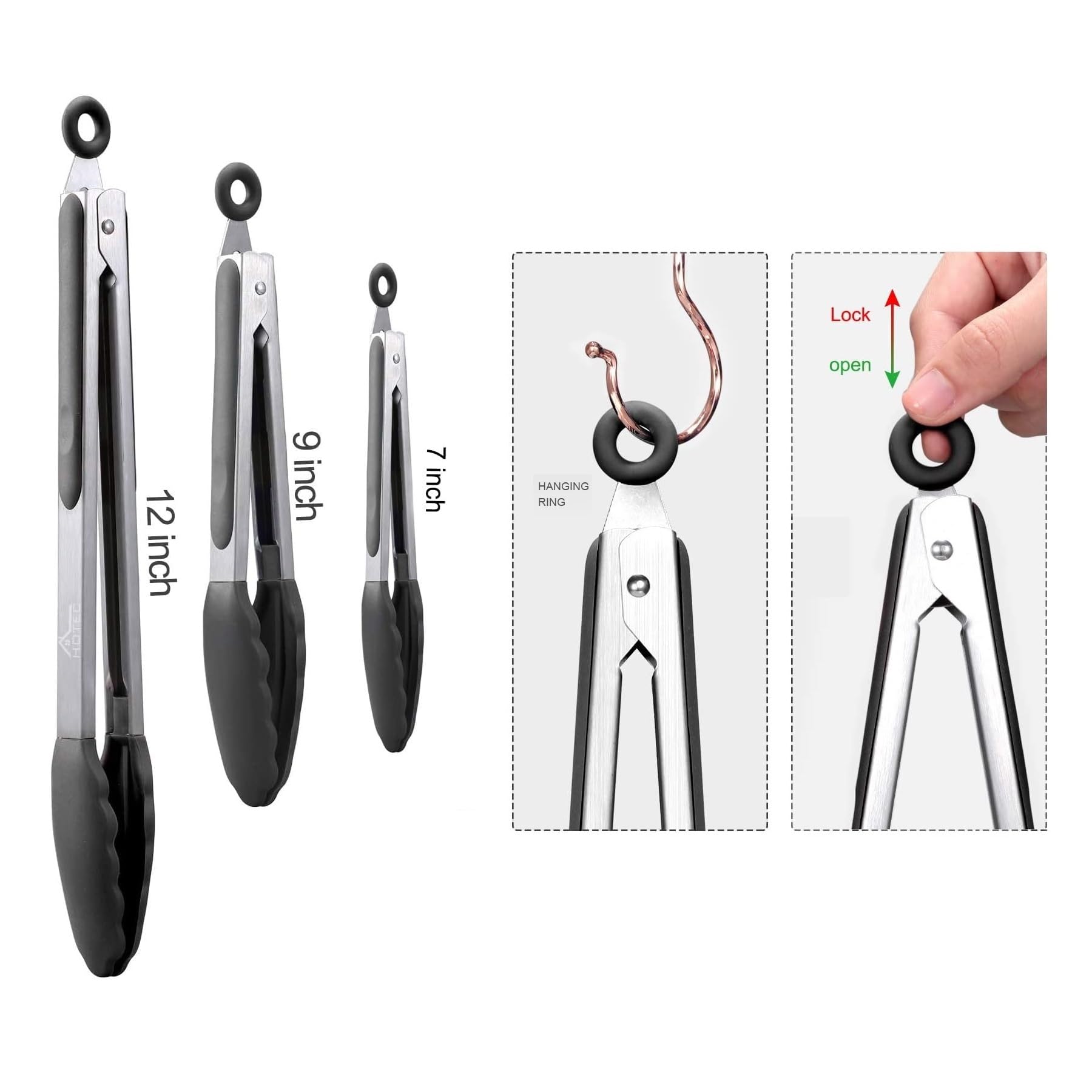 Hotec Premium Stainless Steel Locking Kitchen Tongs With Silicon Tips, Set Of 3-7'', 9'' And 12'' (Black)
