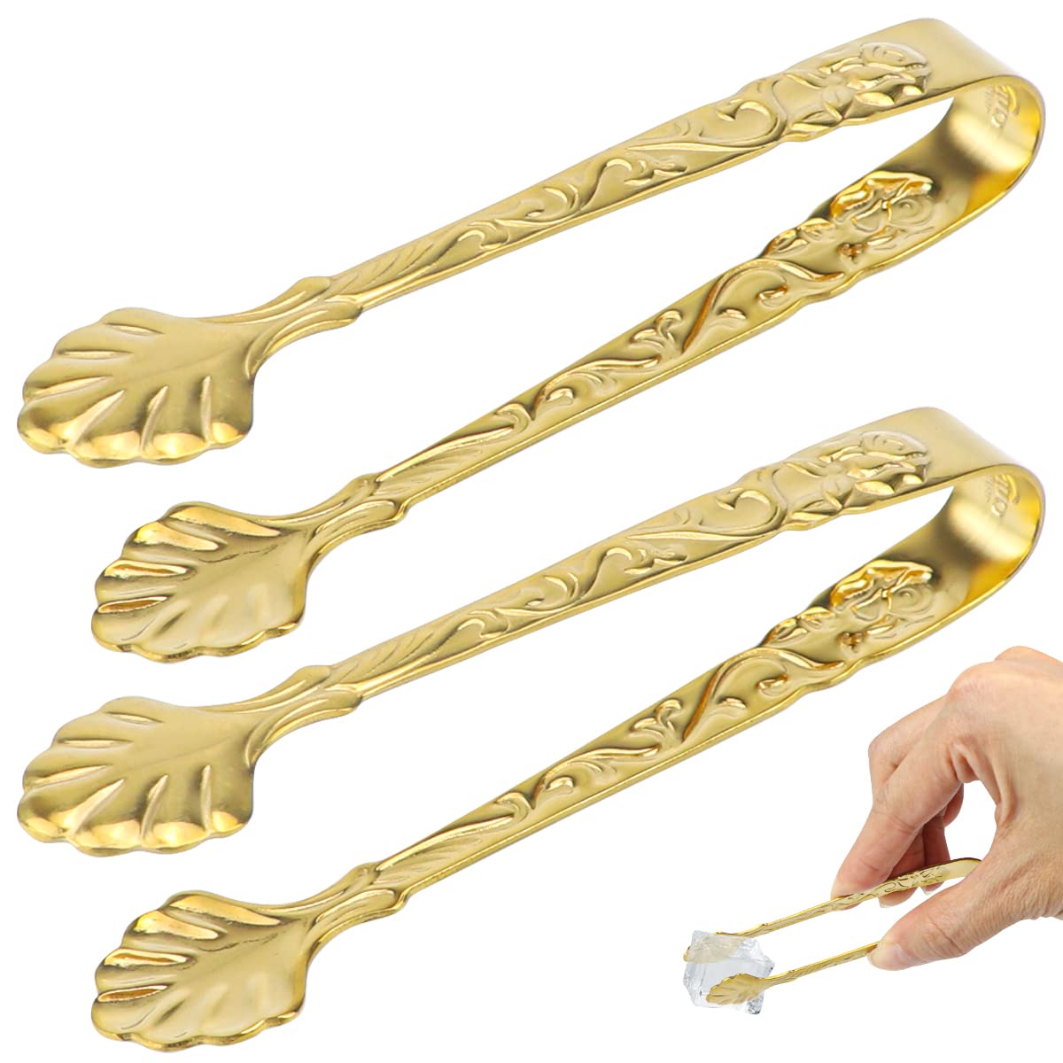 Doerdo 2Pcs Ice Cube Tongs Sugar Tongs Stainless Steel Mini Serving Tongs Appetizers Tongs For Tea Party Coffee Bar, Gold