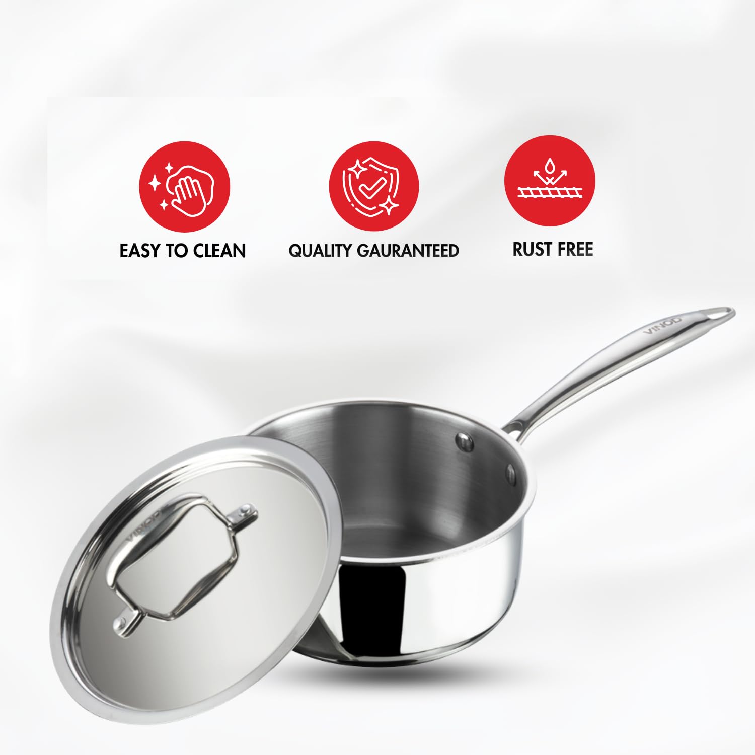Vinod Platinum Triply Stainless Steel Saucepan with Lid - 2.2 litres (18 cm) | 2.5 mm Thick | Tea, Chai Pan | 5 Year Warranty |