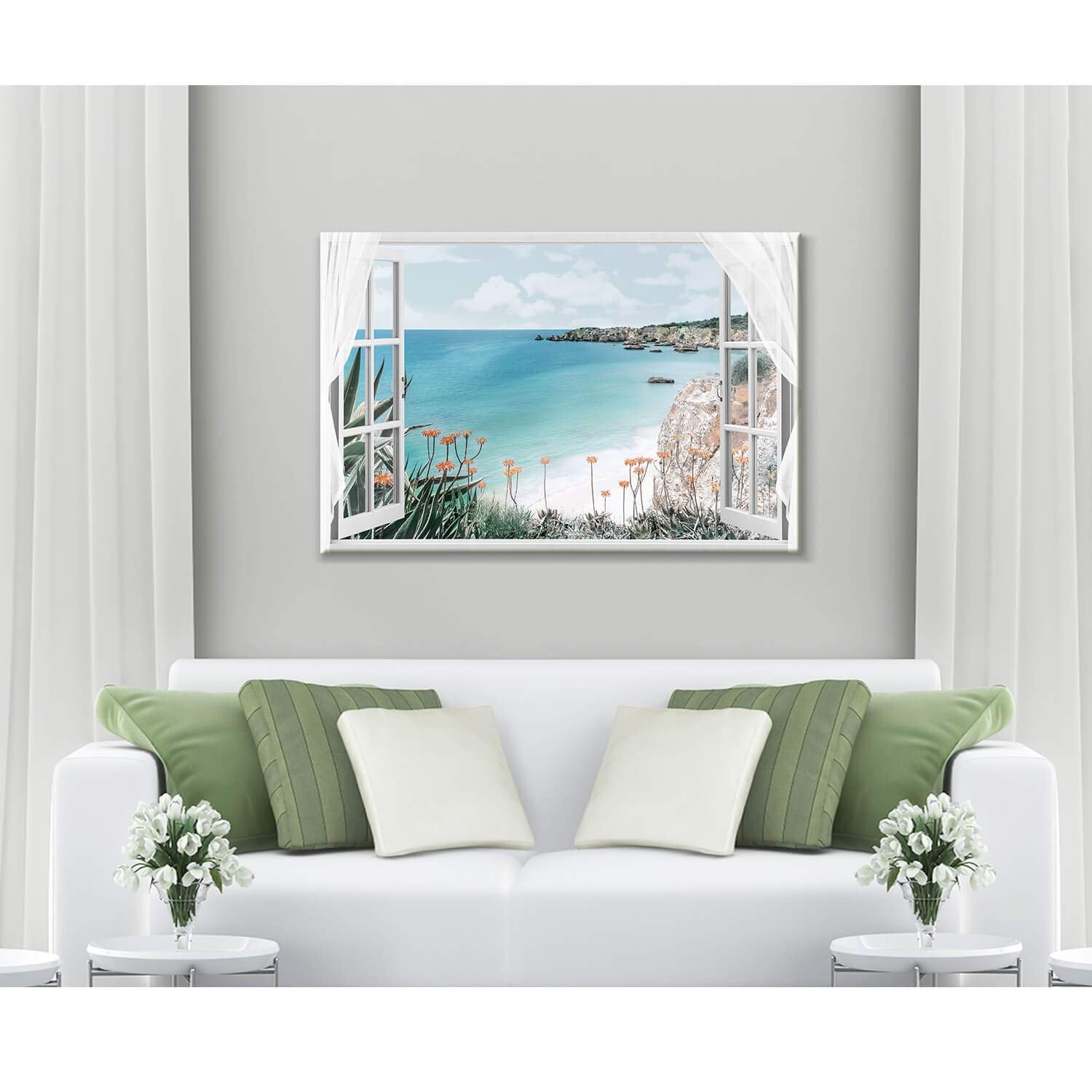 Hardy Gallery Coastal Painting Seascape Wall Art: Open Window View Picture Blue Ocean & Beach Artwork On Canvas For Bedroom (45