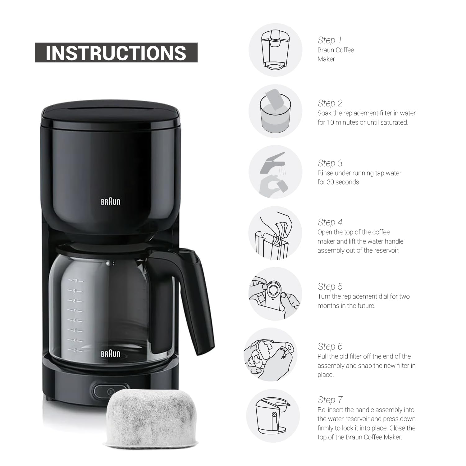 6-Pack Replacement Charcoal Water Filters For Braun Coffee Makers - Fits All Braun Brewsense Drip Series Coffee Machines