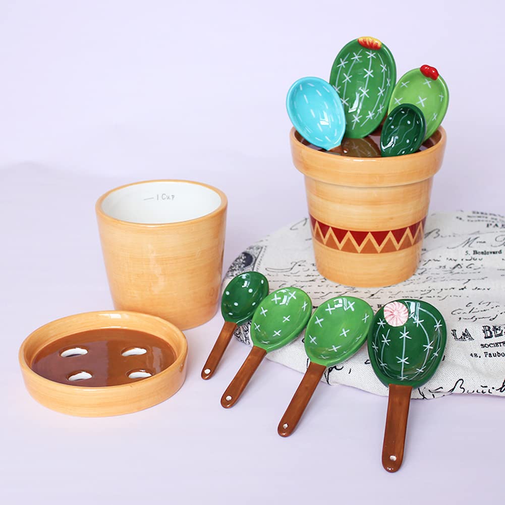 Kelendle Ceramic Cactus Measuring Spoons With Holder Set Of 5 Baking Measuring Spoons For Wet & Dry Ingredients Cactus Figurine