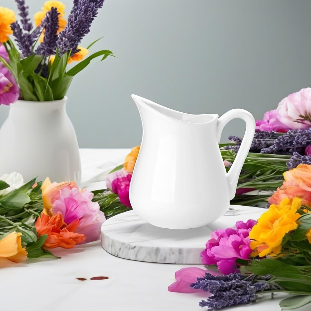 Nucookery 12 Oz Ceramic Creamer With Handle, White Coffee Milk Pitcher, Porcelain Creamer Container Holder For Sauces Salad Coff