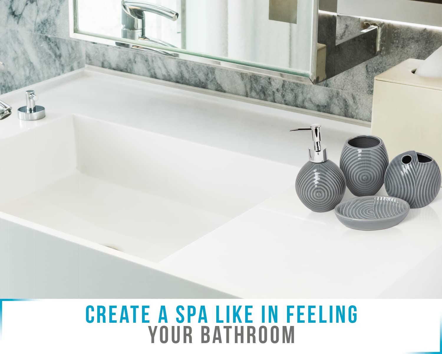 Designer 4-Piece Bathroom Accessory Set - Ceramic Bath Set W/Liquid Soap Or Lotion Dispenser, Toothbrush Holder, Tumbler And Soa
