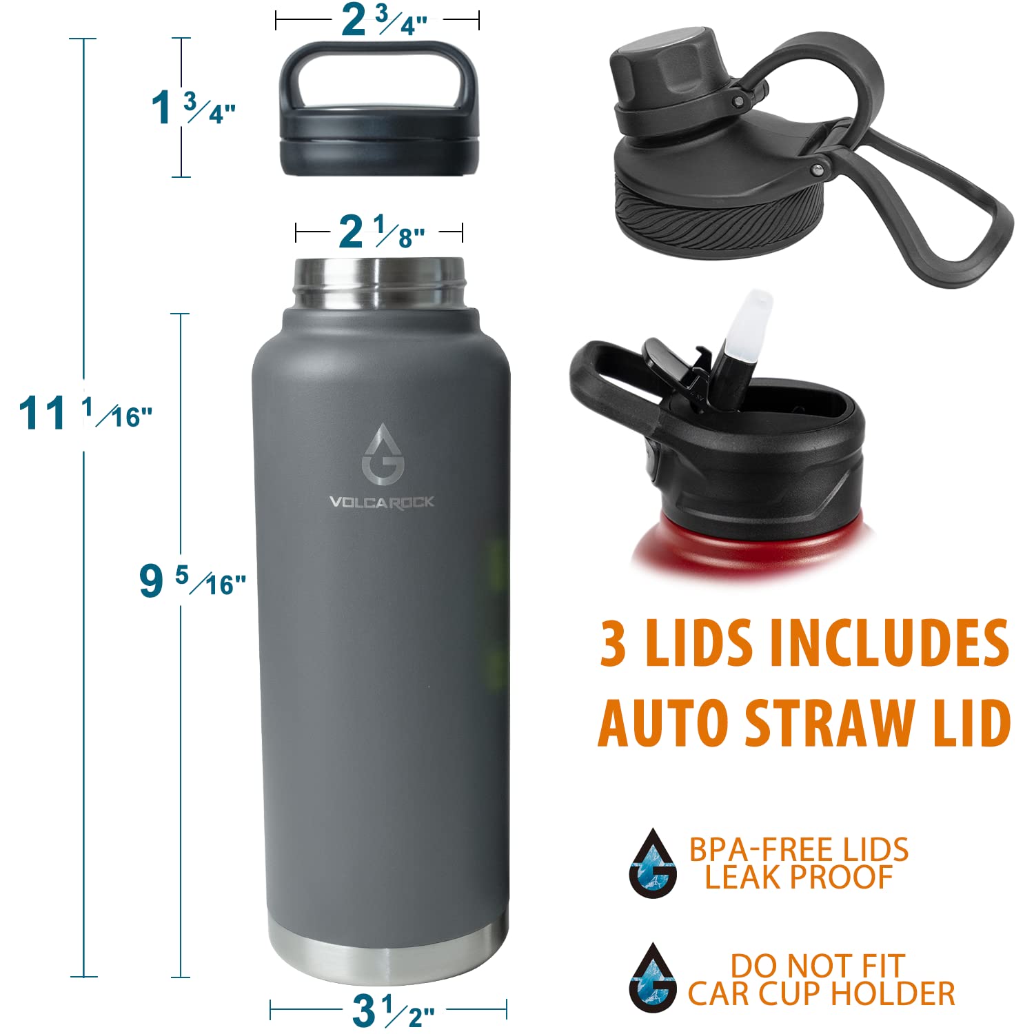 Volcarock Stainless Steel Sports Water Bottle With Straw Lid Dustproof, 3 Lids, 24/32/40/64 Oz Bpa Free Vacumm Insulated Water B