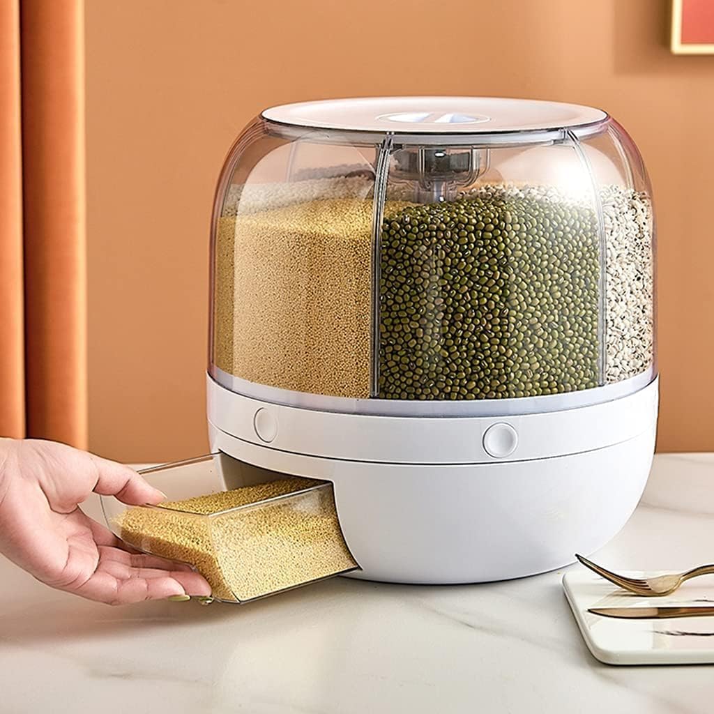 360 Rotatable Dry Food Dispenser With 6 Compartments, Rice & Grain Storage Container, Airtight Cereal Dispenser With Measuring C