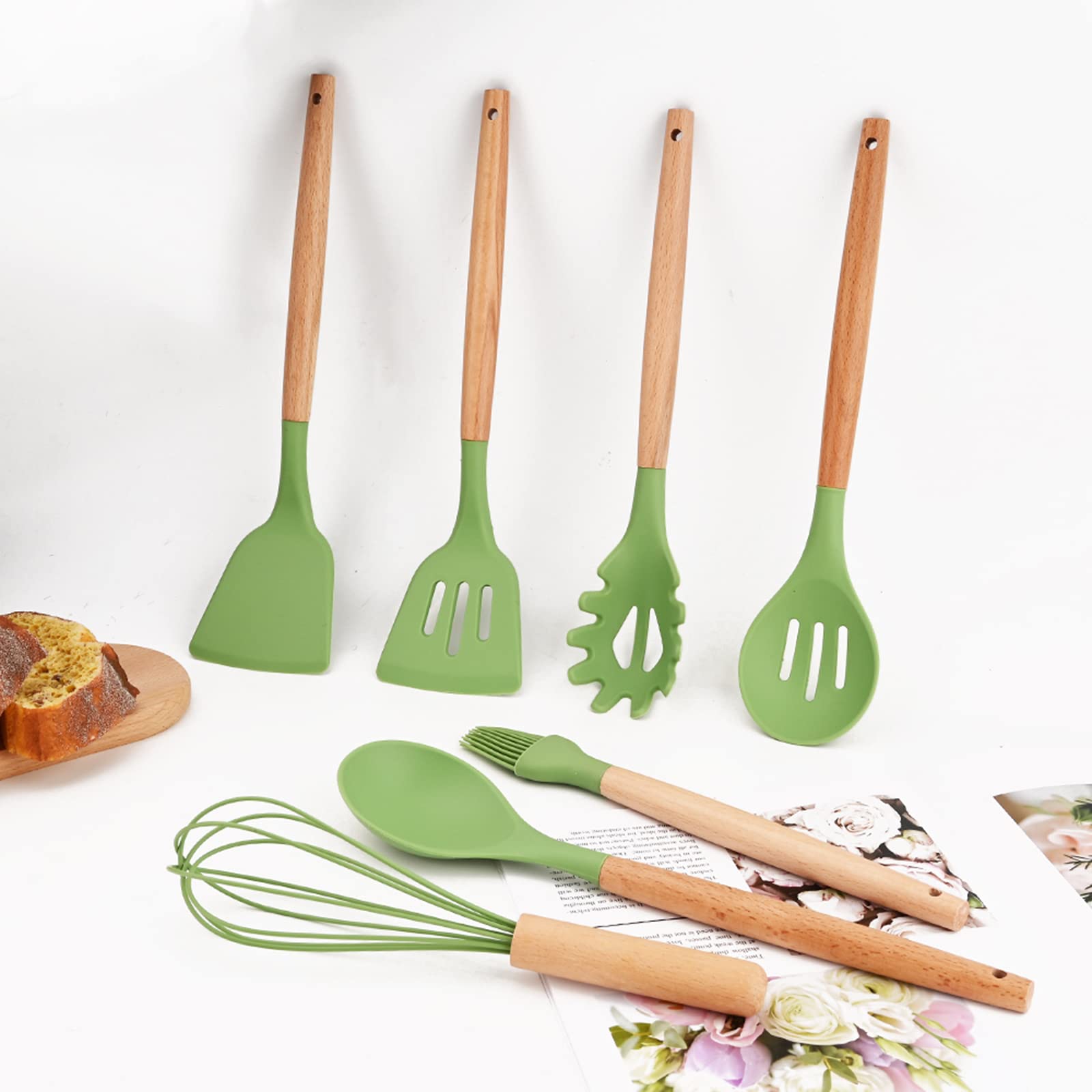 Briiec Avocado Green Silicone Cooking Utensil Set, 12Pcs Kitchen Utensils Heat Resistant Cooking Tools With Wooden Handle, Kitch