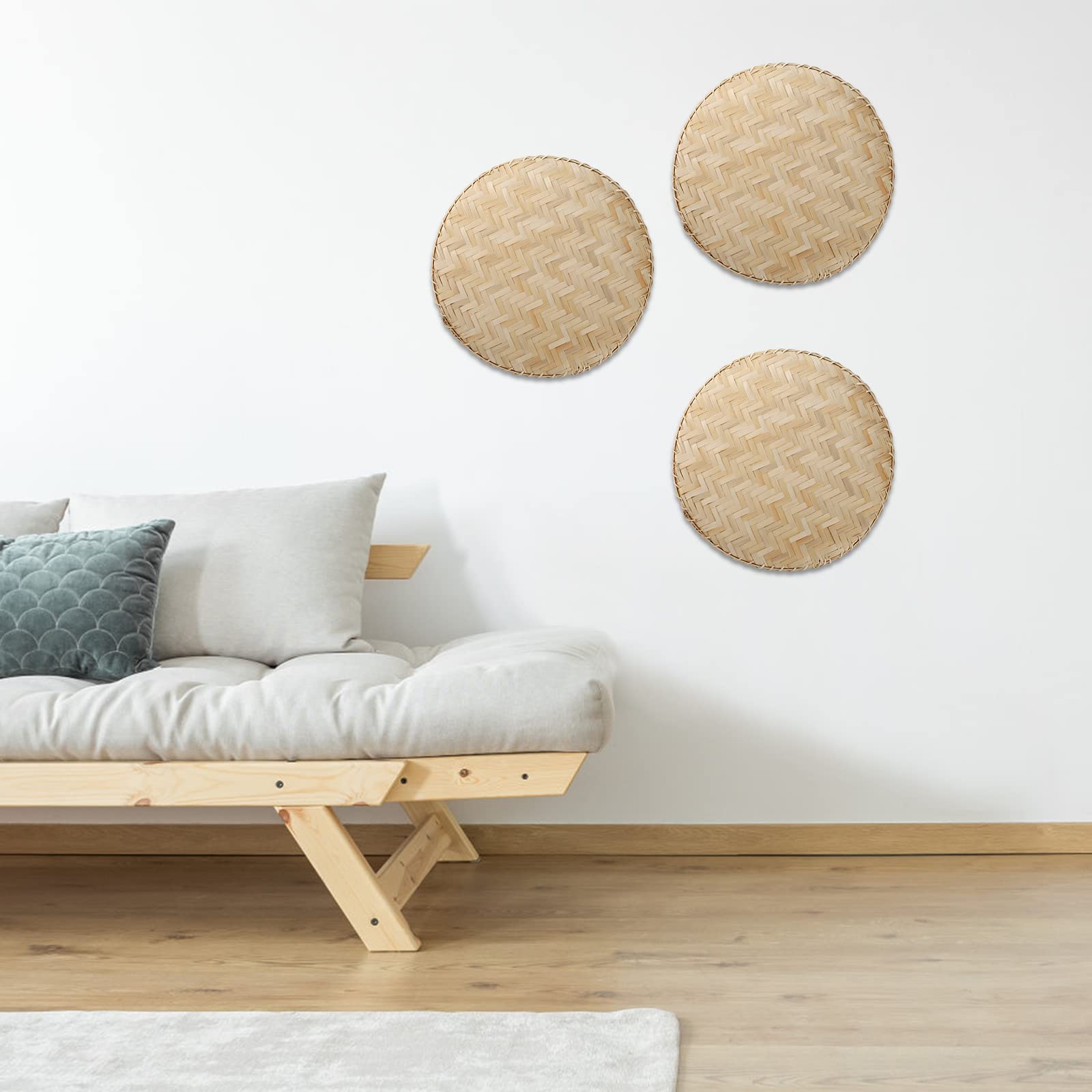 Suwimut 3 Pieces Handmade Bamboo Woven Basket Tray  13 Inch Flat Wicker Round Fruit Basket Woven Food Storage Shallow Tray Decorative Serving Tray Wall Hanging Baskets for Breakfast  Snacks (Beige)