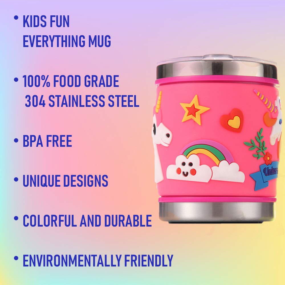 F-32 12 Oz Kids Stainless Steel Unicorn Pink 3D Mug With 2 Pack Slider Closure Lids - Eco-Friendly - Bpa Free Signature Collecti