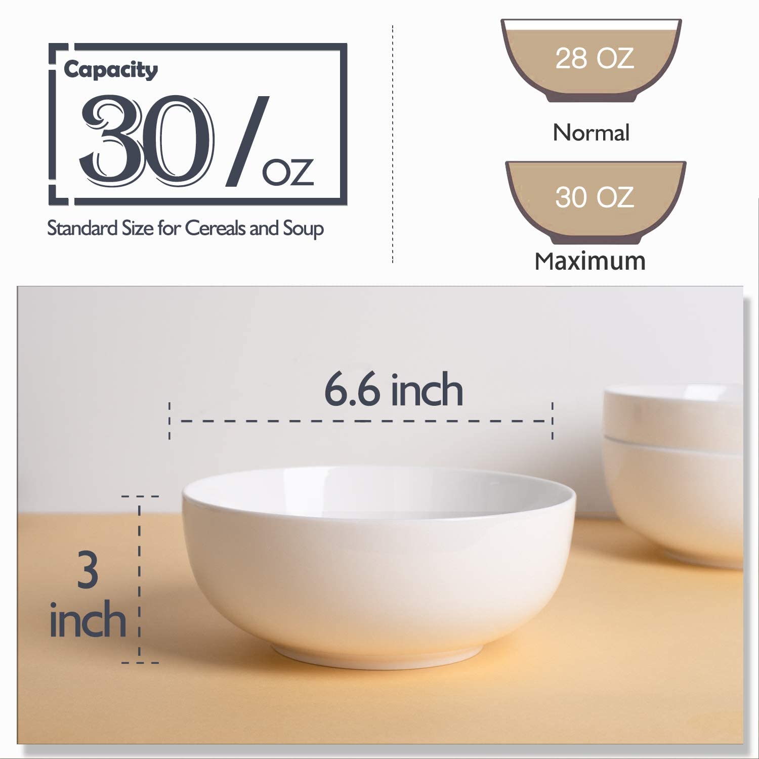 Delling 30 Oz Ceramic Soup Bowls Set Of 6 - Large White Serving Bowls For Kitchen, Pasta, Salad, Rice, Oatmeal, Microwave Safe