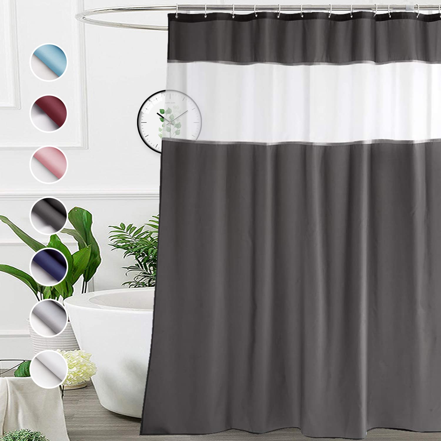 Ufriday Dark Gray Shower Curtain,72 X 75 Inches Long Polyester Fabric Shower Curtain With Light Filtering Window, Water Repellen