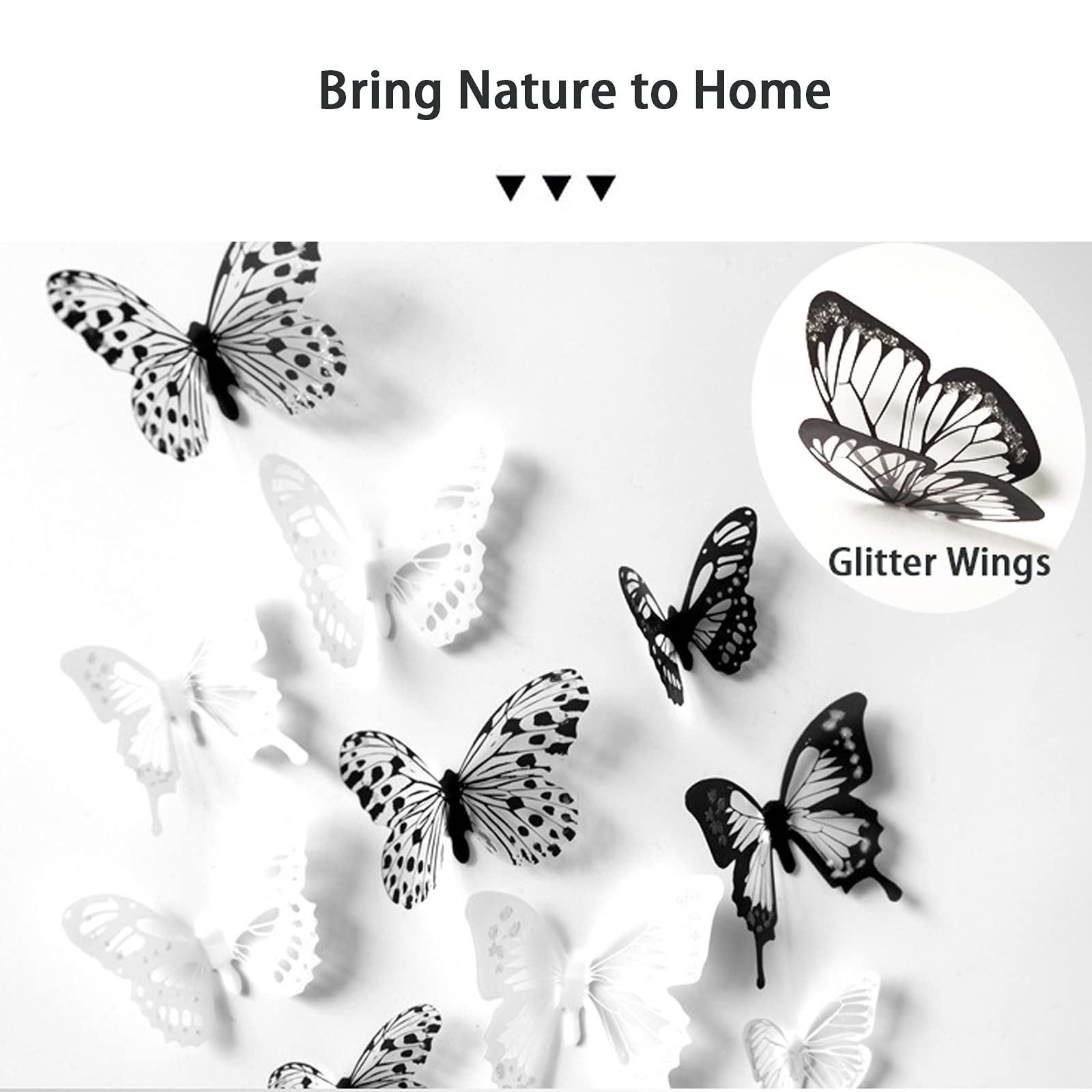 Hzmm 72 Pcs 3D Butterfly Wall Stickers, Waterproof Pvc, Black & White, Removable Paper Decals With Sticky Dots For Window, Furni