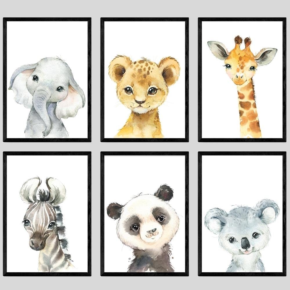 Baby Safari Animals For Girl Or Boy Nursery Bedroom, Set Of 6 Unframed Wall Art Prints, Nursery Decor Gift, Giraffe Elephant Lio