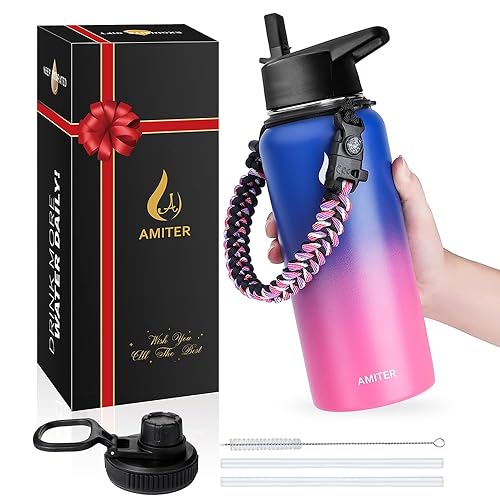 Amiter Water Bottle For Kids With Wide Mouth Straw Lid & Handle Lid (22Oz, 32Oz, 40Oz, 64Oz), Vacuum 18/8 Insulated Stainless St