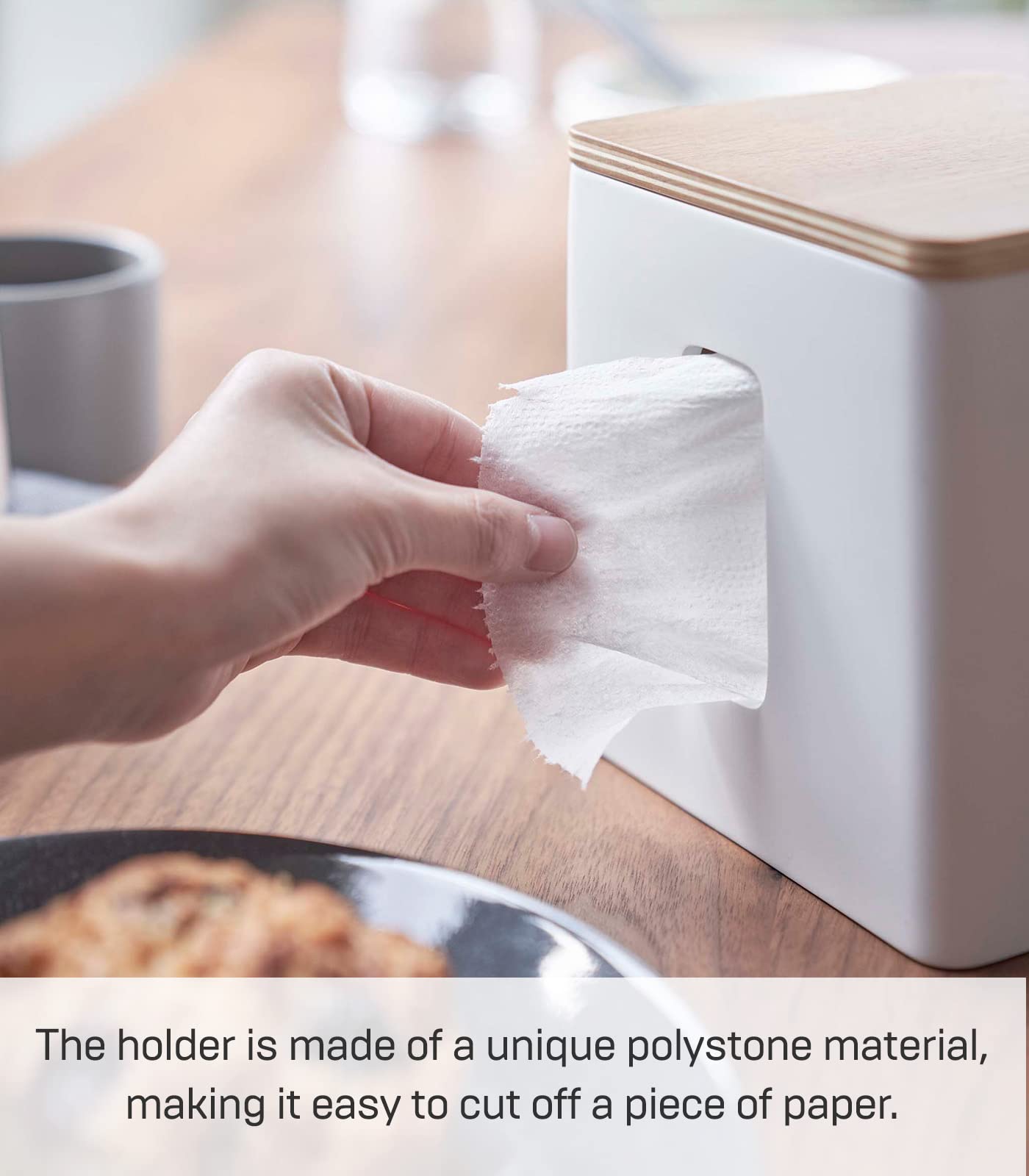 Yamazaki Home Rin Tissue Paper Case with Removable Wooden Lid - Tissue Or Toilet Paper Or Paper Towel Rectangular Storage Holder for Kitchen Bathroom Or Bedroom - Polystone -