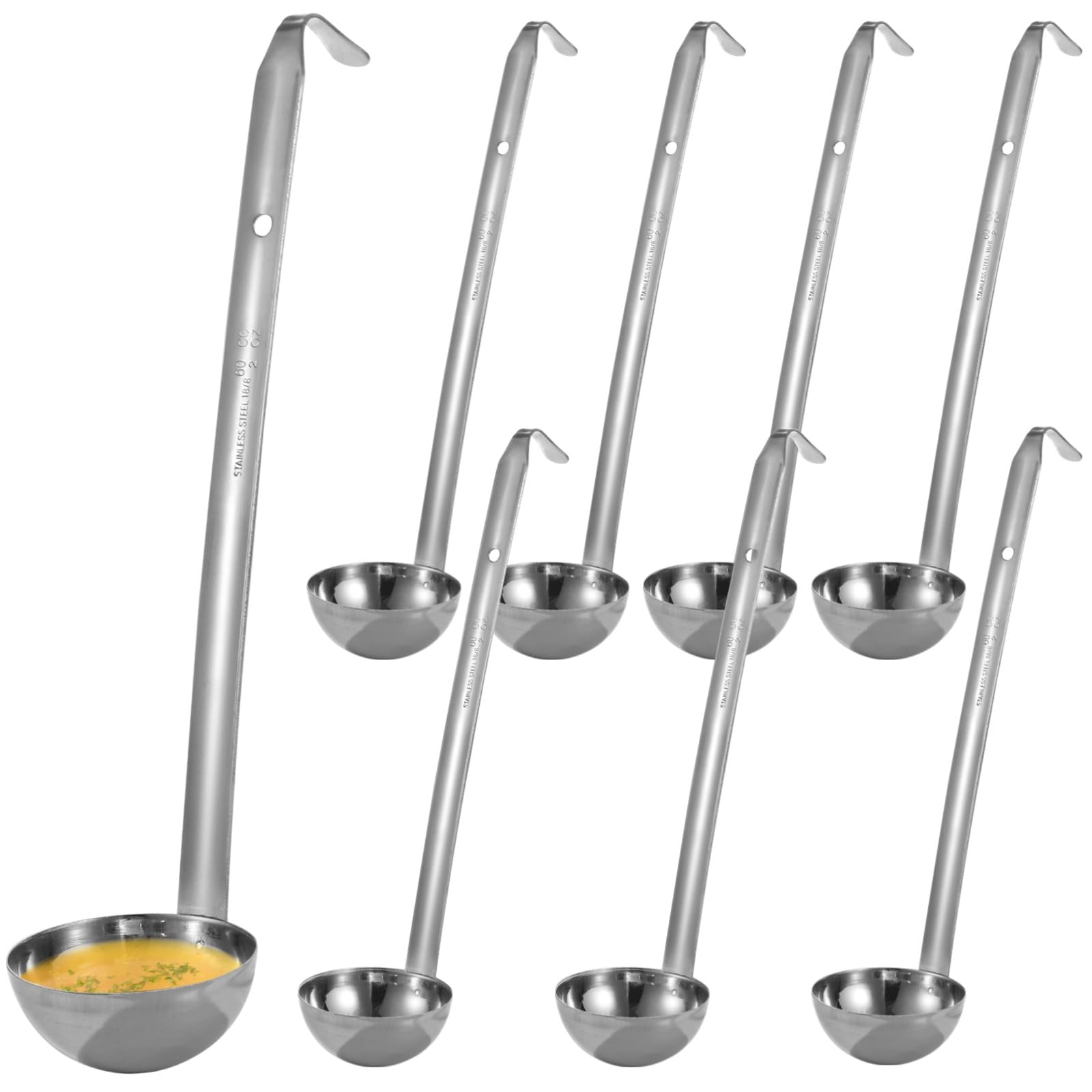 8 Pcs Soup Ladles, 2 oz Stainless Steel Ladles with Long Handles, Sturdy Ladle with Hooks for Serving Soup, Precise Measurement,