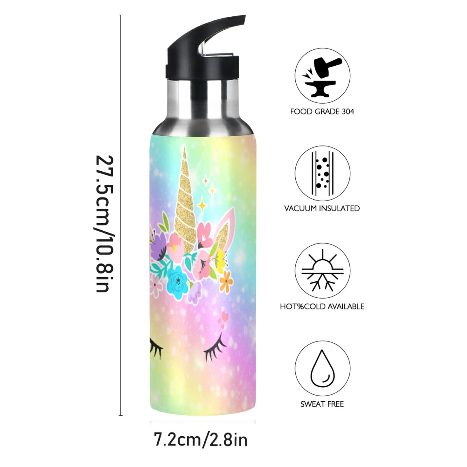 Unicorn Insulated Water Bottles Kids Rainbow With Straw Lid & Handle Reusable Vacuum Stainless Steel 20 Oz