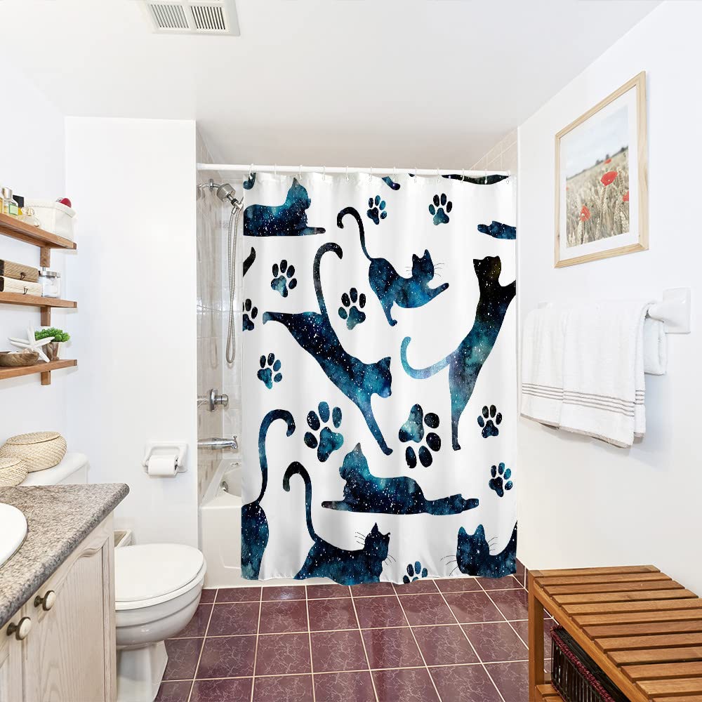 Icosamro Cats Shower Curtain For Bathroom With 12 Hooks Starry Night Cloth Bath Decor Long Fabric Waterproof, 71X72 Inches, Spac