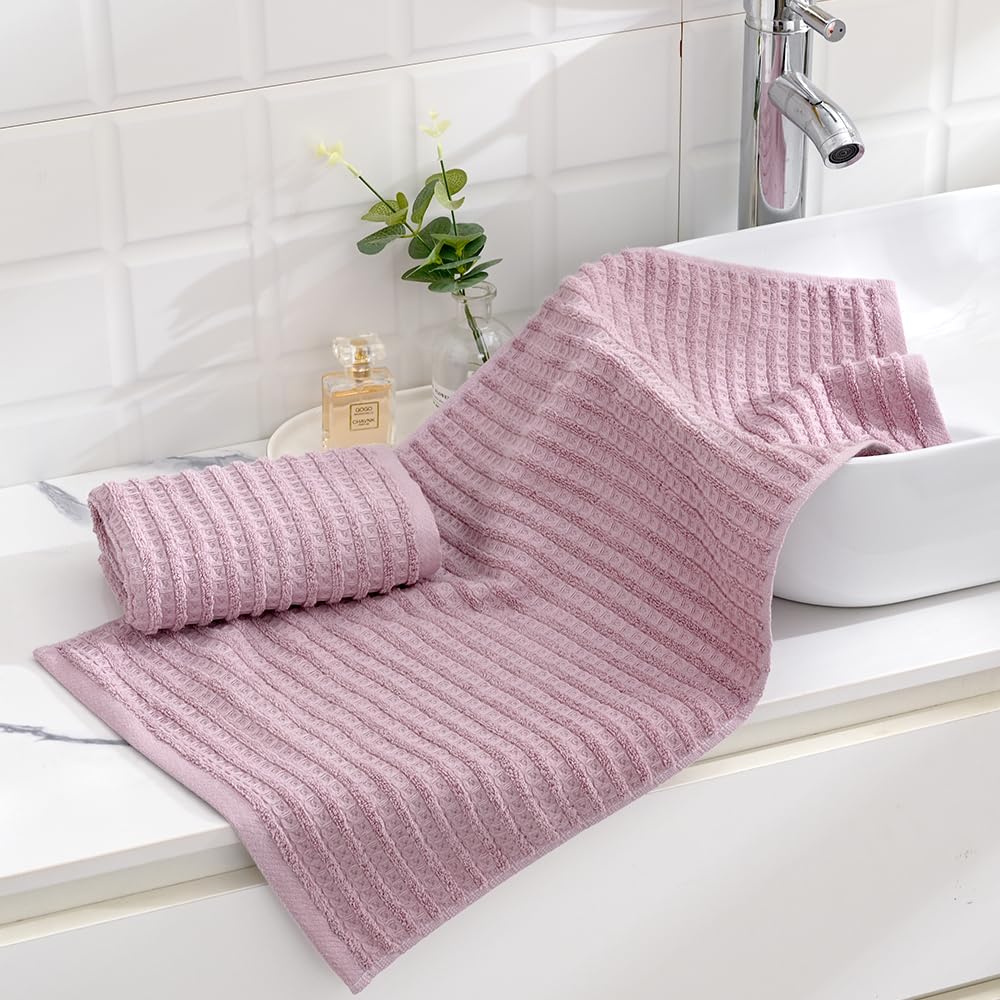 Sense Gnosis Waffle Hand Towel With Terry Striped Pattern Super Soft 100% Cotton Ultra Absorbent Bathroom Hand Towels 13 X 29 In