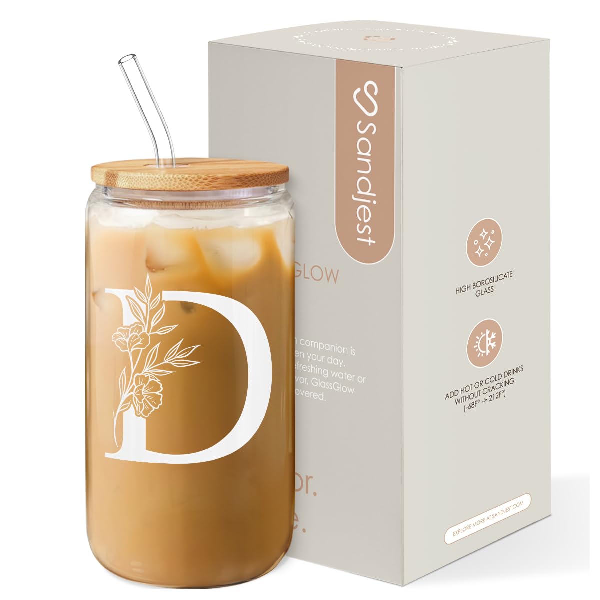 SANDJEST Monogrammed Gifts for Women - Monogram D Initial Glass Cup 16 Oz Can Coffee Cups with Lid and Straw - Monogram Initials