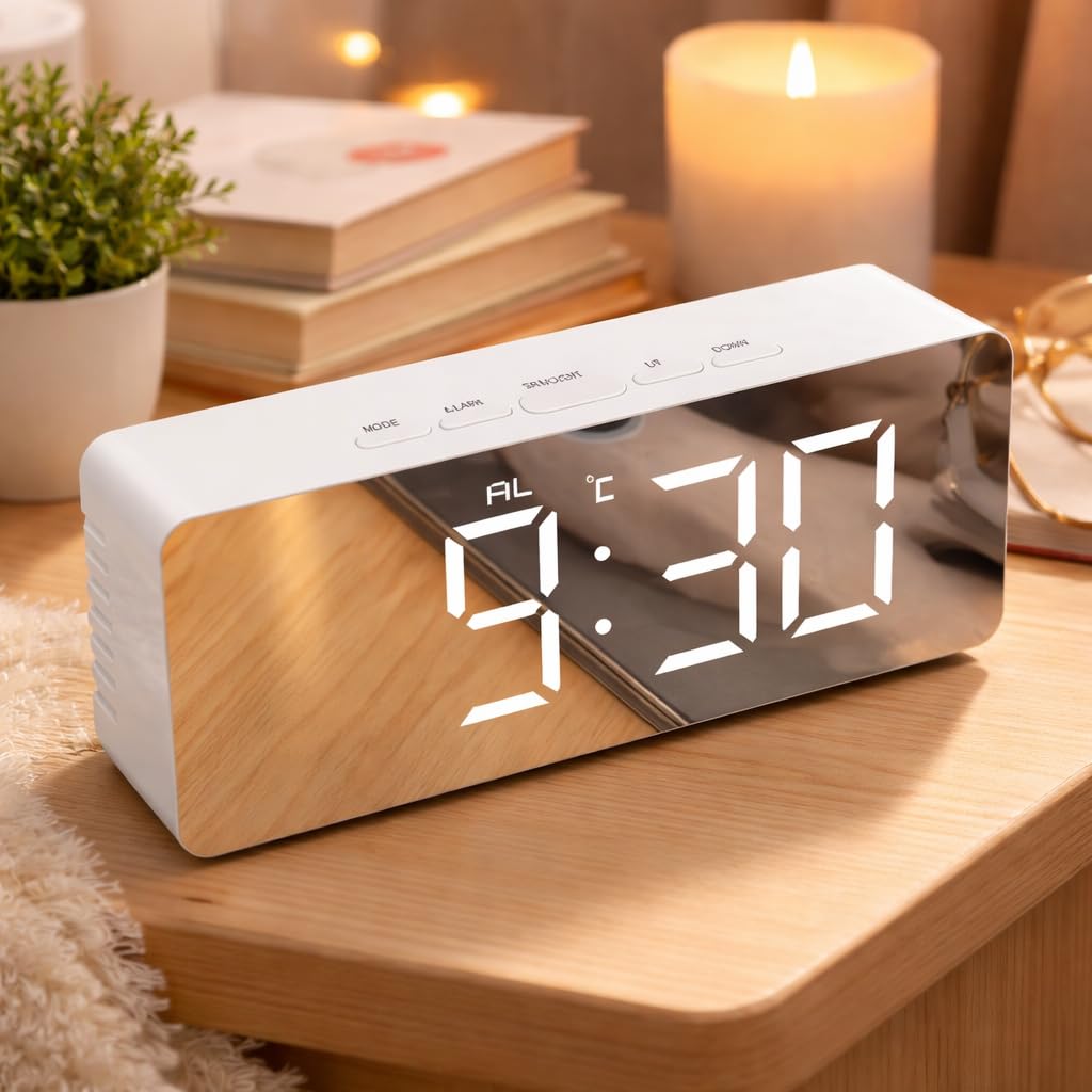 Ldg Ware Digital Smart Backlight Alarm Clock With Automatic Sensor, Mirror Alarm Clocks For Bedroom, Date & Temperature Indoor M