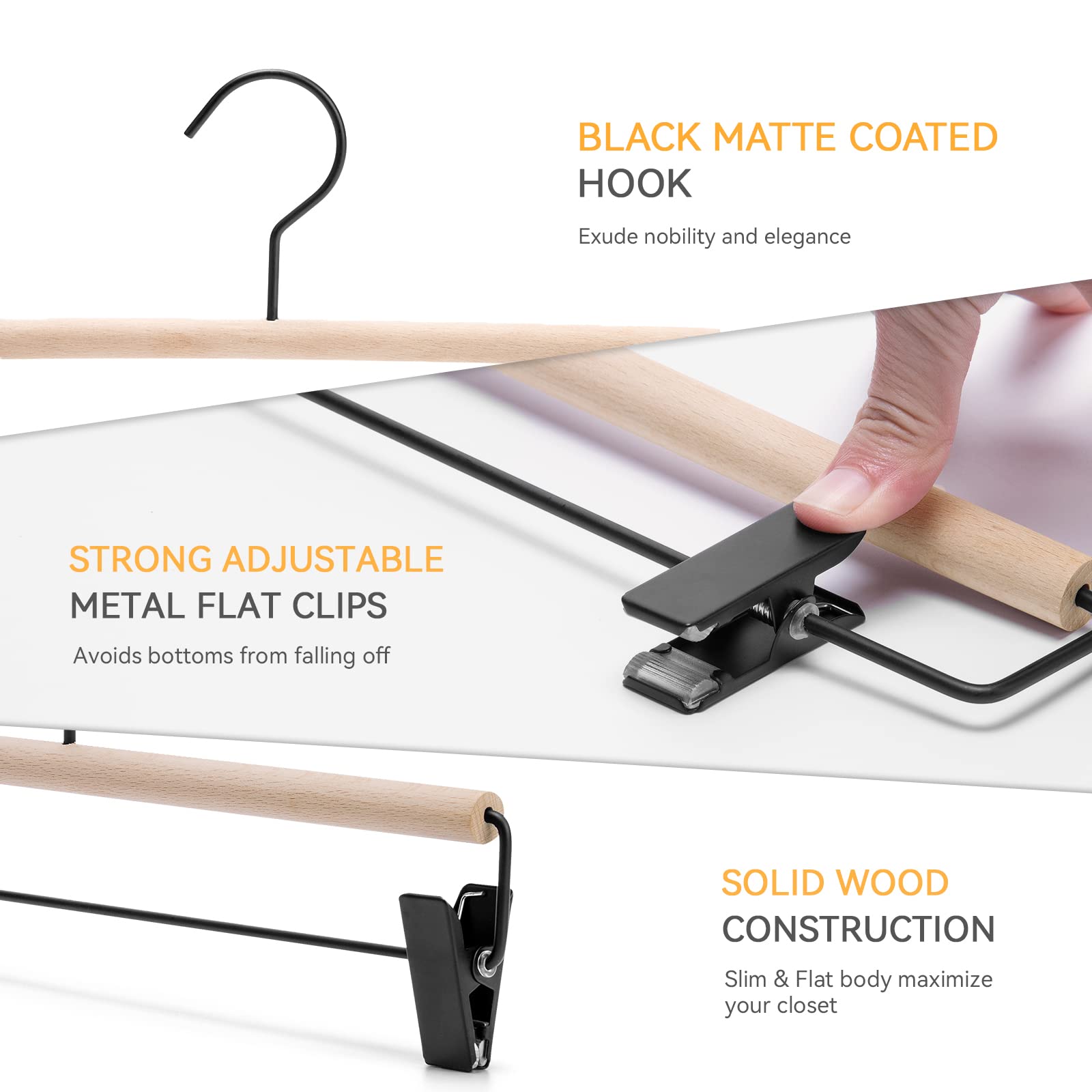 Nature Smile Deluxe Beech Wooden Pants Hangers Bottom Hanger Jeans Hanger Trousers Skirt Hanger With 2-Adjustable Black Matt Cli