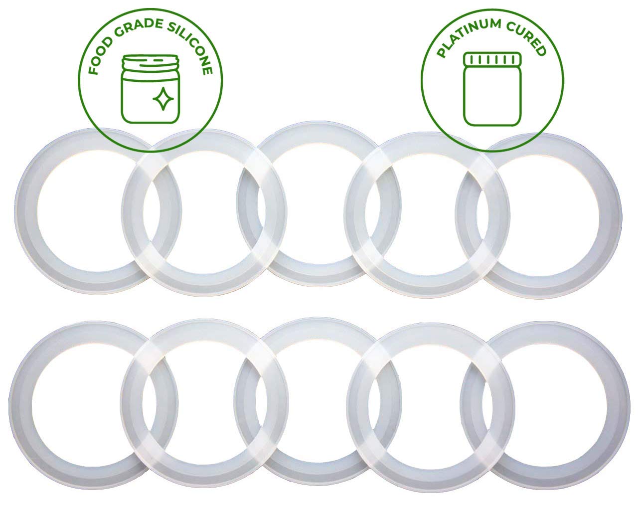 Mason Jar Lifestyle Platinum Silicone Sealing Gaskets - 10 Pcs Reusable Leak Proof Replacement for Regular Mouth Mason Jar Lids, White/Clear