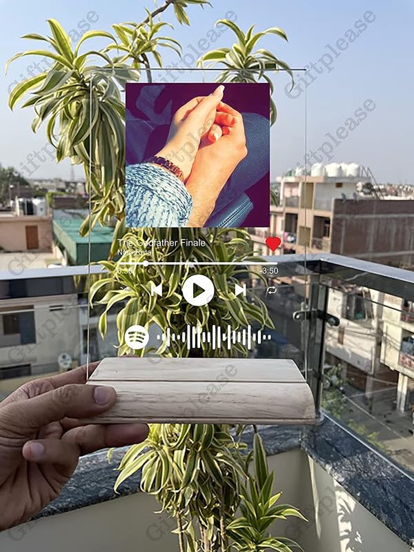 Giftplease Customized Photo And Tabletop Song Glass Spotify Plaque With Wooden Stand|Personalized Rectangular Photo Music Frame