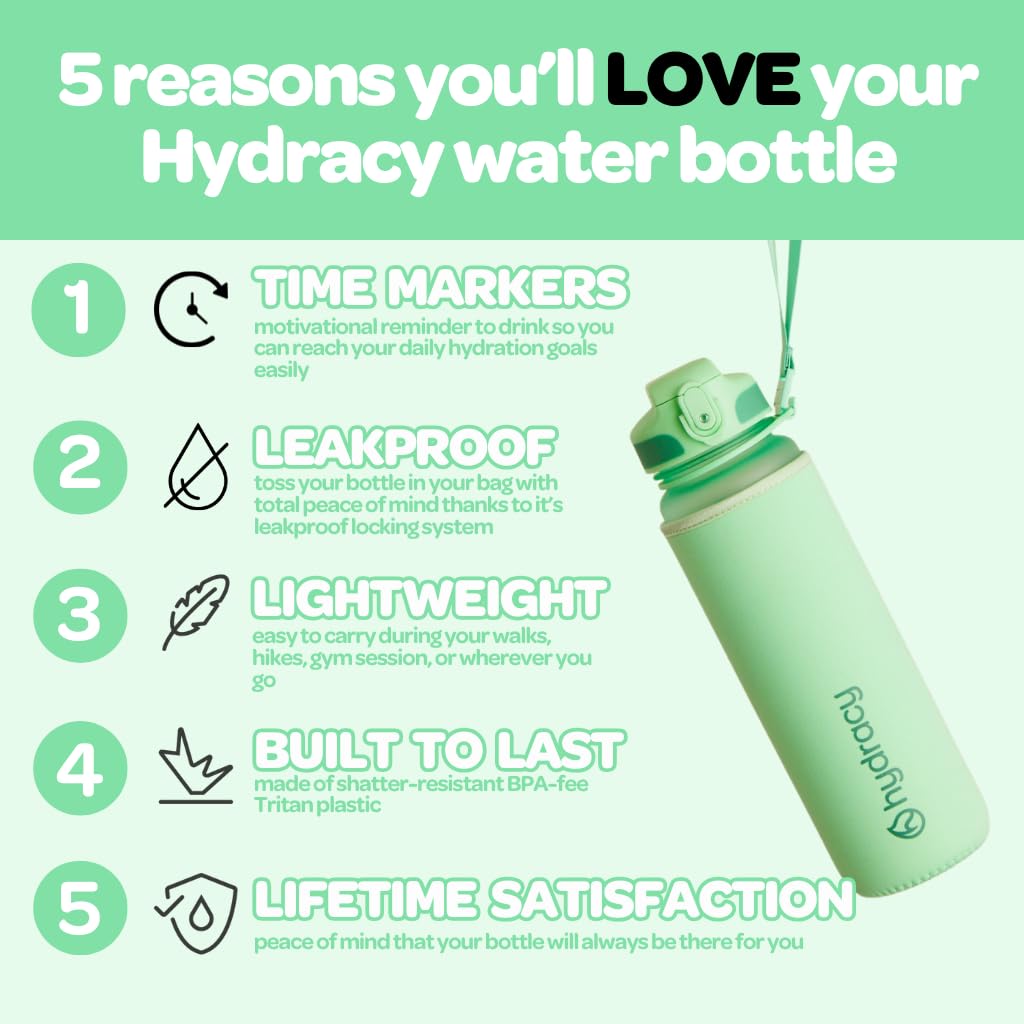 Hydracy Water Bottle with Time Marker -Large 32oz BPA Free Water Bottle & No Sweat Sleeve -Leak Proof Gym Bottle with Fruit Infuser Strainer & Times to Drink -Ideal Gift for Fitness Sports & Outdoors