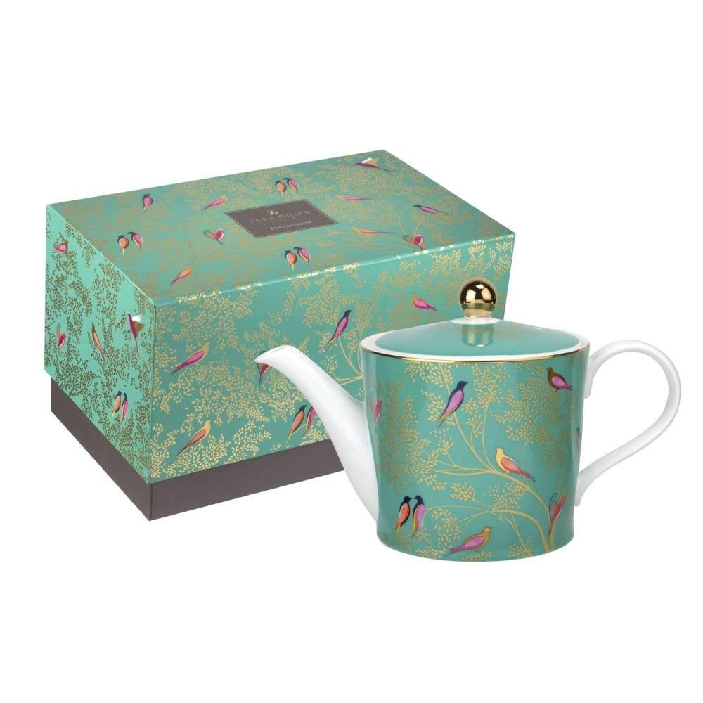 Portmeirion Sara Miller London Chelsea Collection 2 Pint Teapot | Green Teapot For Serving Tea And Coffee | Colorful Birds Desig