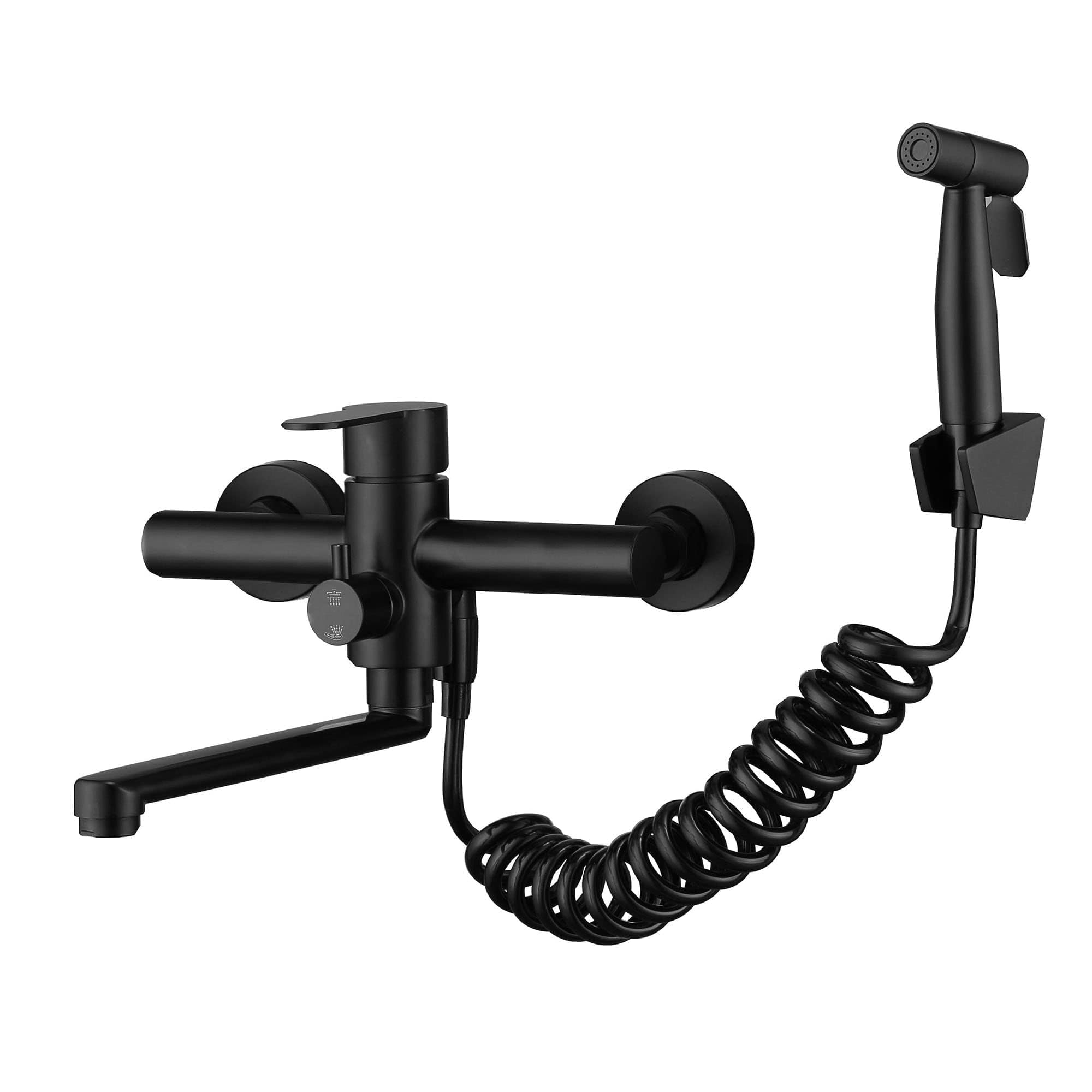 Kitchen Sink Faucet Wall Mount, Matte Black Commercial Faucet With Side Sprayer, Stainless Steel Mixer Tap, Unility Sink Faucet,