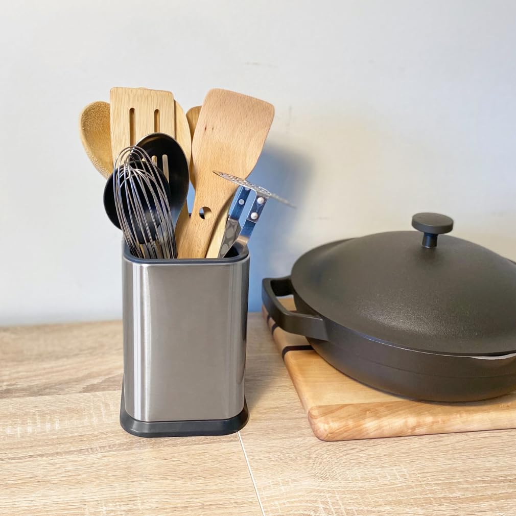 Evelots Stainless Steel Kitchen Utensil Holder For Countertop, 6.75 Inch Tall Cooking Utensil Crock Can Store Up To 15 Big Utens