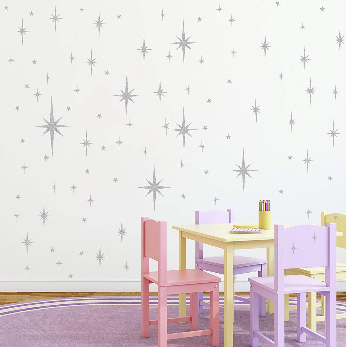 Easma Retro Starburst Wall Decals - 116pcs Vinyl Peel and Stick Stars - Vintage Silver Geometric Nursery Decor