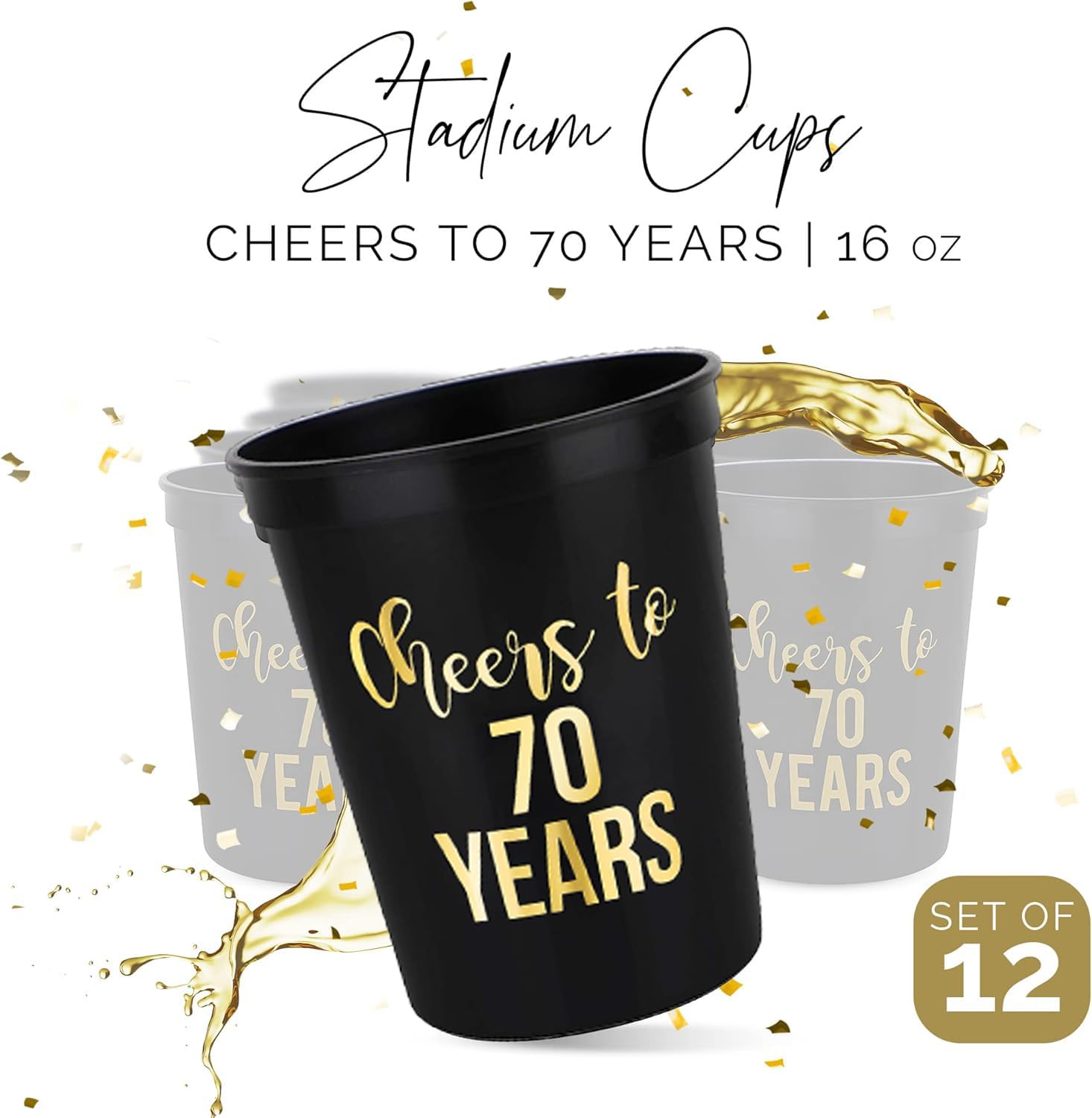 Cheers To 70 Years With 70Th Birthday Party Cups - Set Of 12, 16Oz Black & Gold 70Th Birthday Cups - Perfect 70Th Birthday Party