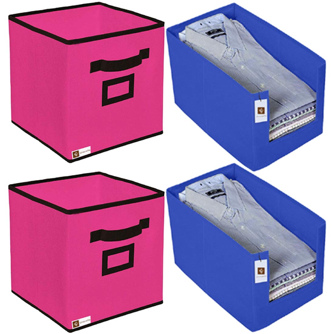 Unicrafts Shirt Stacker & Storage Box Combo Pack Of 4 | 2 Blue Wardrobe Organizers And 2 Pink Foldable Storage Boxes | Clothes, 