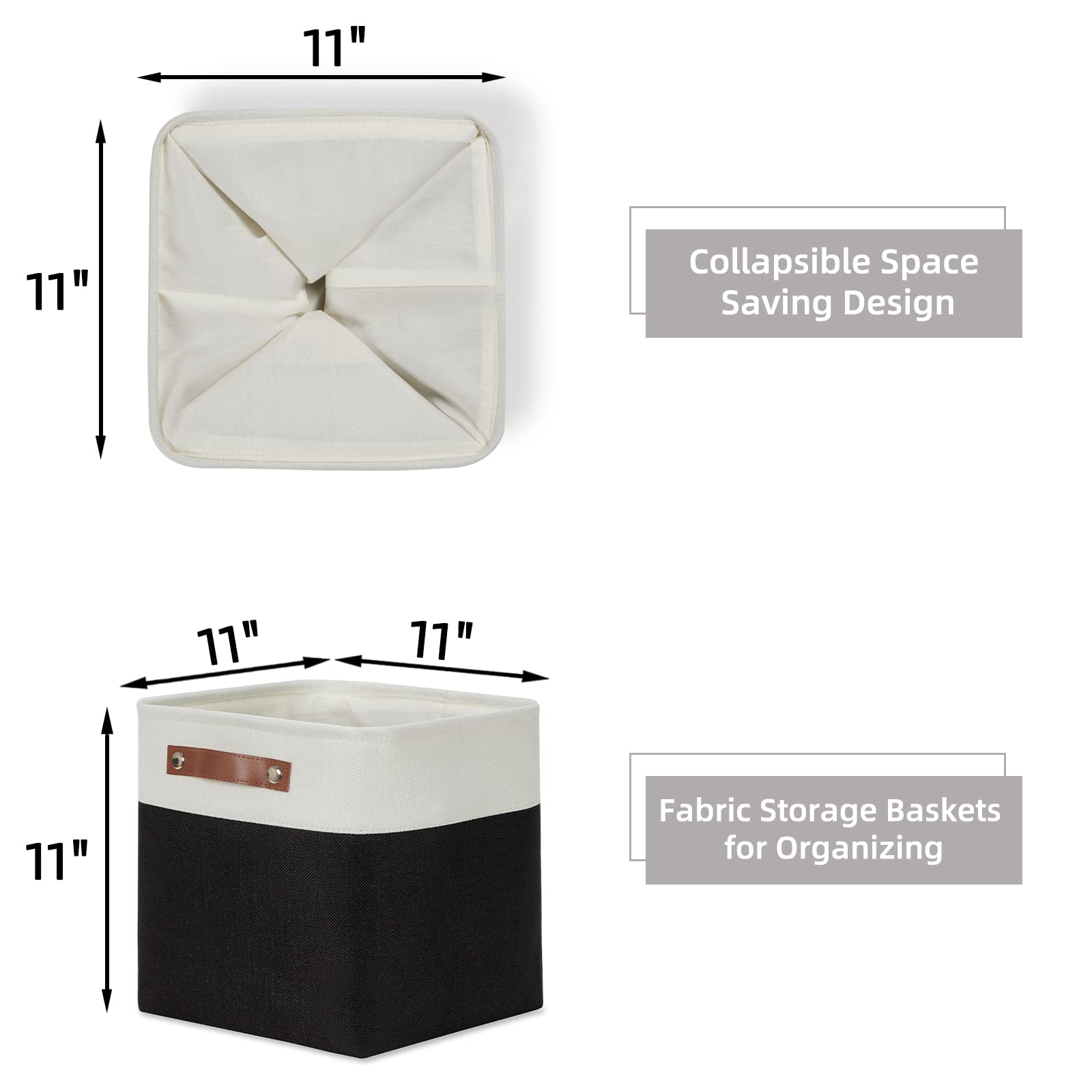 HNZIGE Foldable Storage Basket set Fabric Storage Baskets for Shelves Linen Closet Organizers (4 Pack) Storage Baskets 11x11 Storage Basket for Books Clothes Gifts with Handles(White&Black)