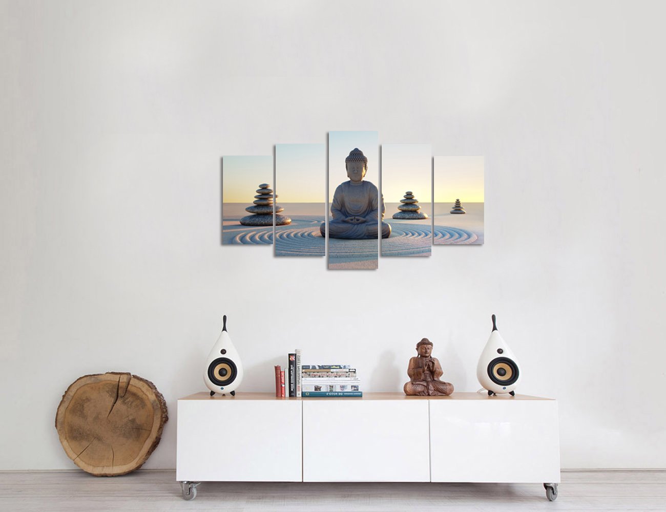 Vvovv Wall Decor - Buddha Canvas Wall Art Poster Paintings Giclee Prints White Sand Zen Stone Pictures Home Decor Modern Zen Pic