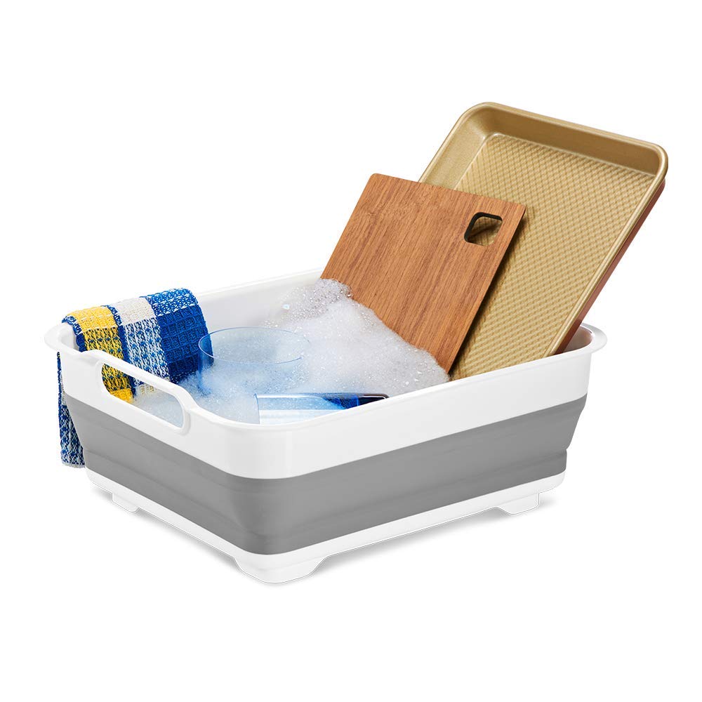 Madesmart Collapsible Dishwashing Basin With Handles, Plastic Pop-Up Dish Wash Basin For Kitchen Counters, Gray/White