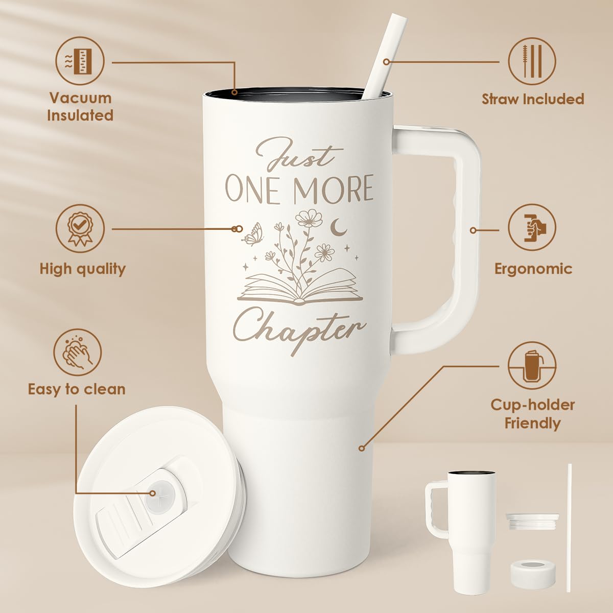 Book Lover Gifts for Women, Just One More Chapter Tumbler with Handle, Stainless Steel Insulated Coffee Travel Mug Cup, Gifts fo