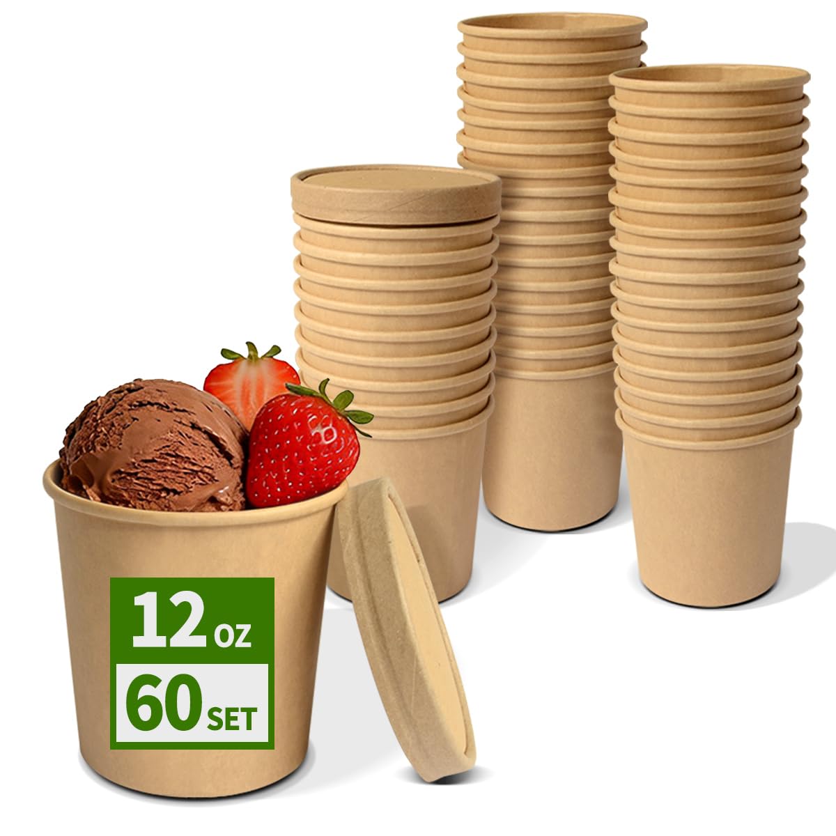 AICHEF 12 oz Paper Ice Cream Cups with Lids 60 Pack, Soup Chili Containers