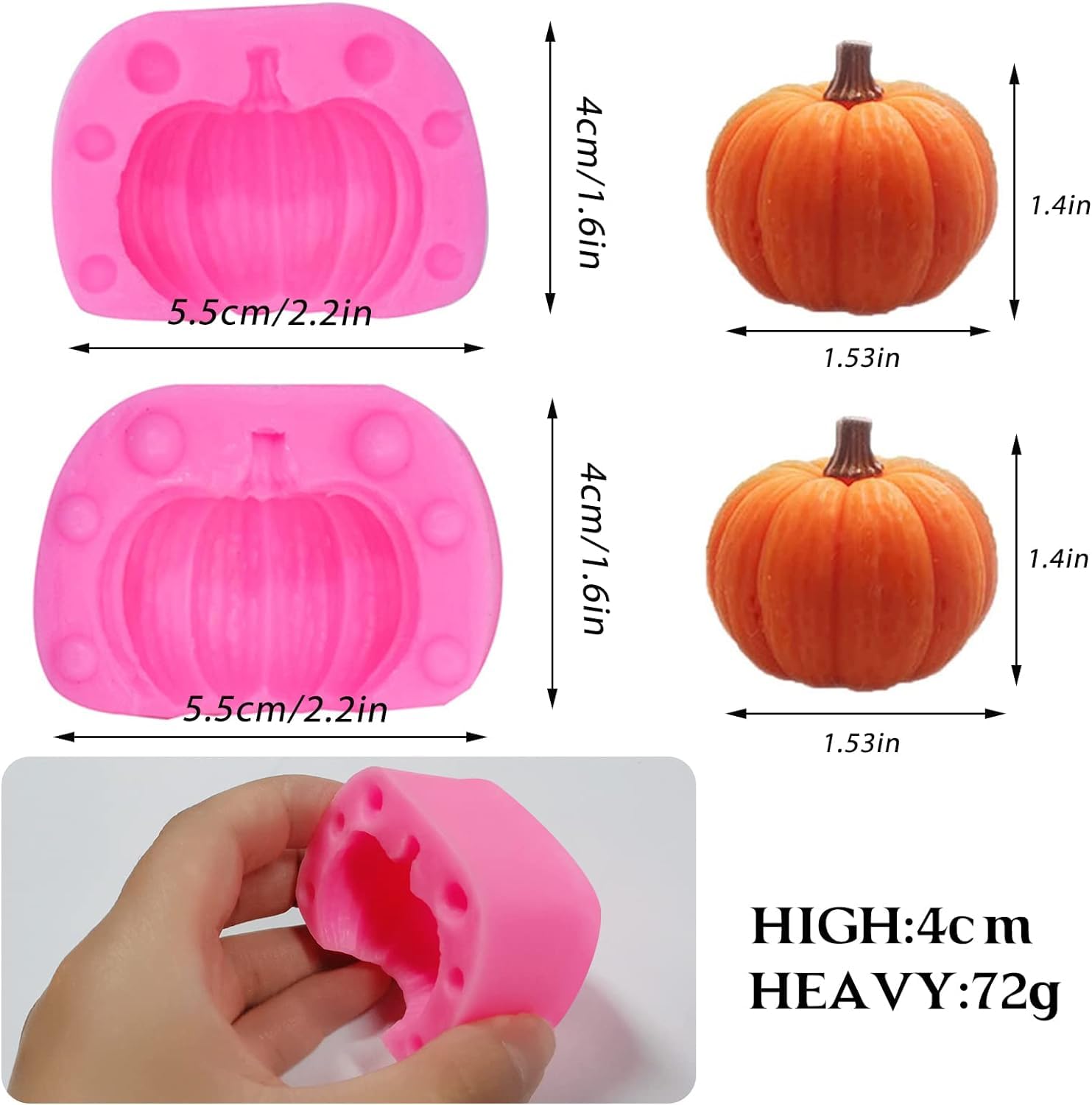4 Pairs Halloween 3D Pumpkin Silicone Molds, Mini Pumpkin Chocolate Candy Fondant Mold For Thanksgiving Fall Baking, Autumn Fond