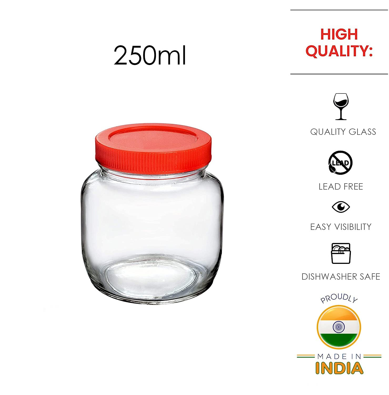 Feelopie Aahar Jar with Red Lid for Lentils, Food, Pickles, Spices, Sweets, Snacks, Rice, Kitchen Storage (250ml, Set Of 4)