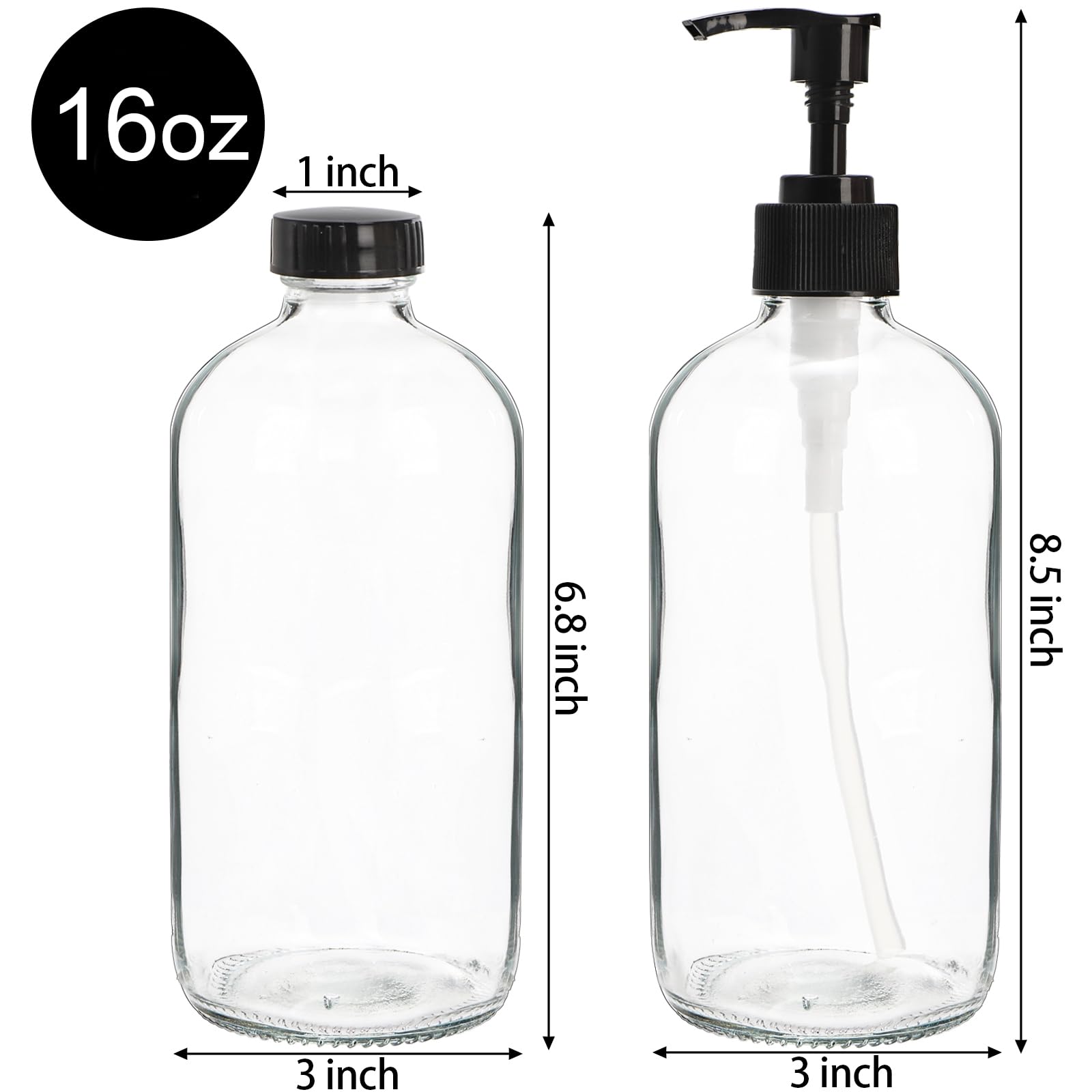 Yarlung 4 Pack 16 Oz Glass Pump Bottles  Clear Refillable Containers Glass Soap Dispenser for Essential Oils  Lotions  Cleaning Products  4 Black Caps 6 Labels