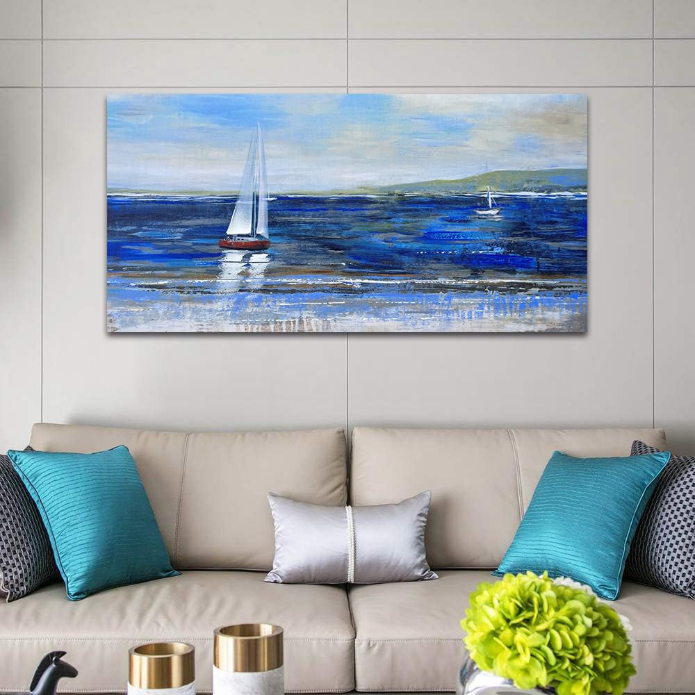 Ardemy Blue Abstract Canvas Wall Art Seascape Painting Landscape Picture Textured Navy Blue Modern Sailboat Ocean Artwork Framed